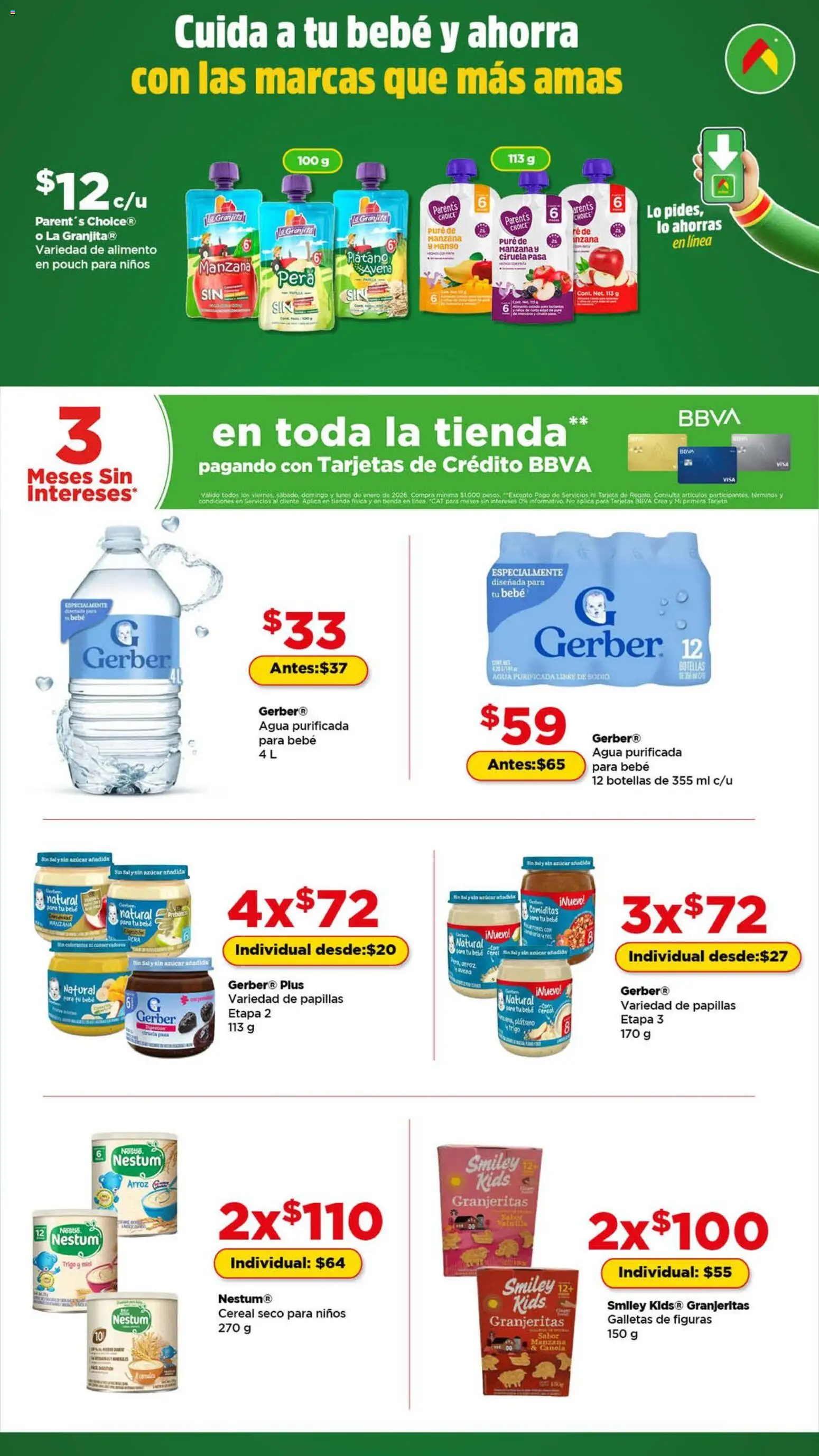 Vista previa las ofertas de la tienda Bodega Aurrerá - Folleto Cuida a tu bebé y ahorra desde el 01/01/2026 - Agua, Manzana, Galletas, Azúcar, Pera, Miel, Puré, Papillas