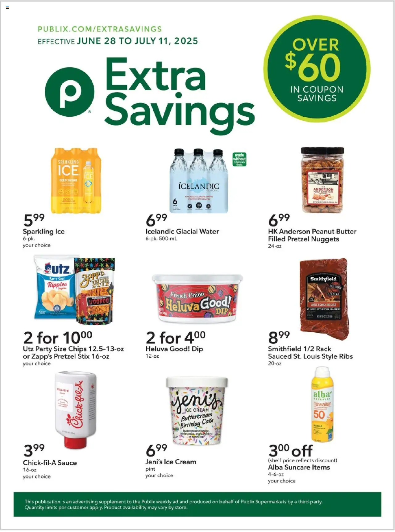 Publix Weekly ad from (06/28/2025) - Ad this week, Flyer - Page number 1 - Shelf, Cream, Ice cream, Sugar, Cake, Ice, Lemonade, Onion