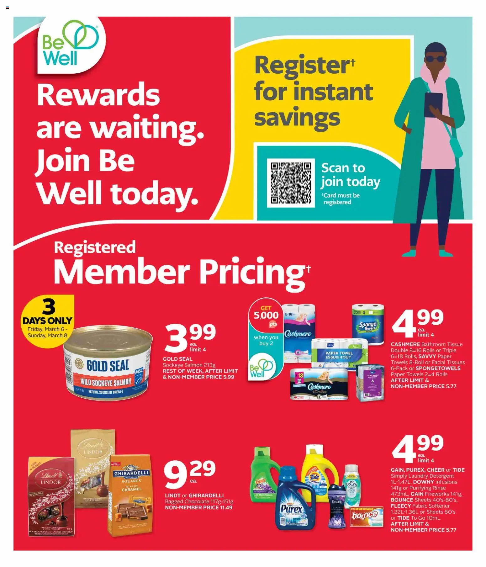 Preview of leaflet Rexall weekly flyer / circulaire from shop Rexall is valid from Mar 06, 2026 - Lindt, Salmon, Paper towels, Towels, Sponge, Tissues, Detergent, Fabric softener