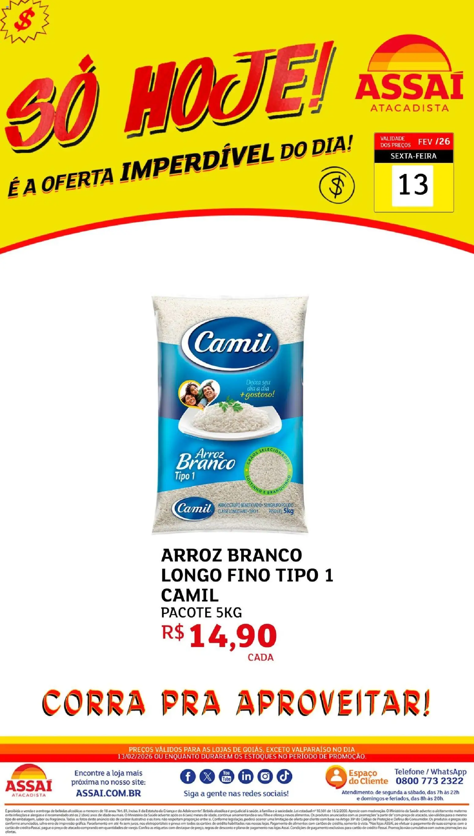 Pré-Visualização do folheto "Encarte - GO" da loja Assaí Atacadista válido a partir de 13/02/2026 - Telefone, Bebidas, Pneus, Arroz, Base, Bebida, Alimentos