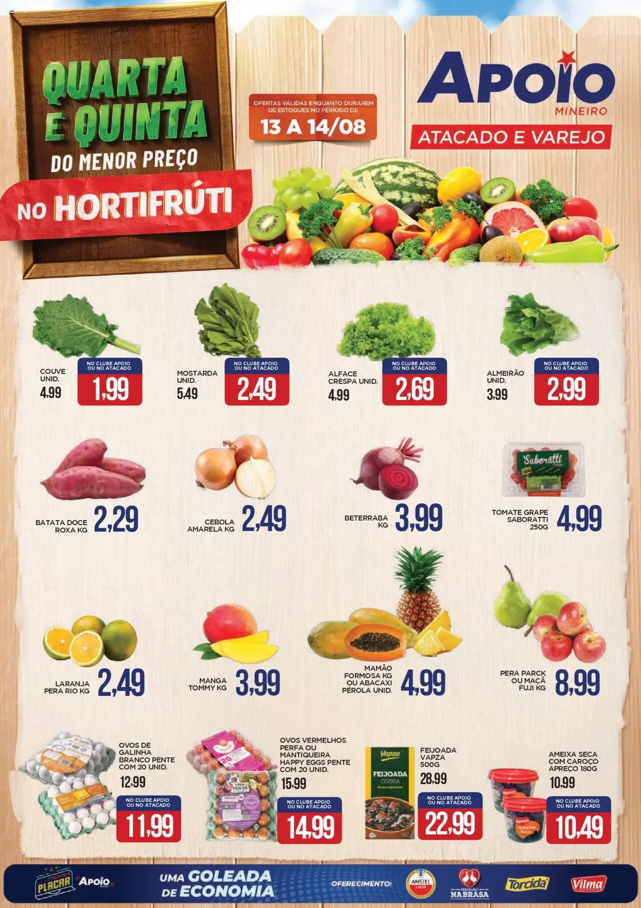 Apoio Mineiro folheto "Ofertas Hortifruti" válido a partir de 13/08/2025 - número de página 1 - Manga, Ovos, Abacaxi, Batata, Ameixa, Cebola, Mostarda, Mamão
