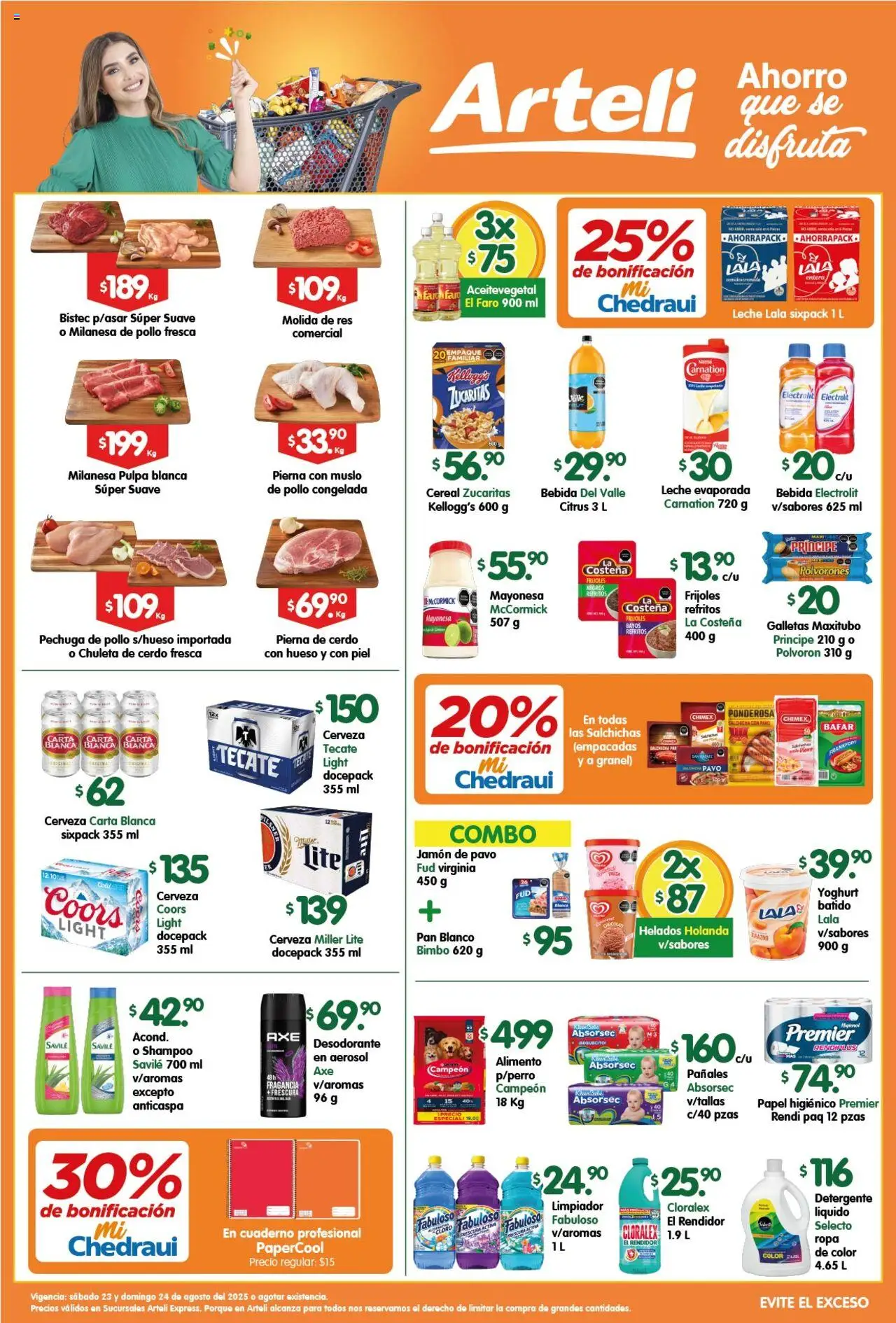 Folleto Express Arteli y sus promociones válidas desde el 23/08/2025 - Número de página 1 - Cerveza, Papel higiénico, Bistec, Jamón, Cuaderno, Res, Chuleta, Fragancia