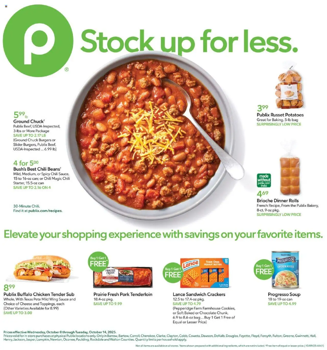 Ad Preview of Publix Leaflet from 10/08/2025 - Butter, Beans, Bag, Crackers, Pork, Brioche, Pork tenderloin, Chicken