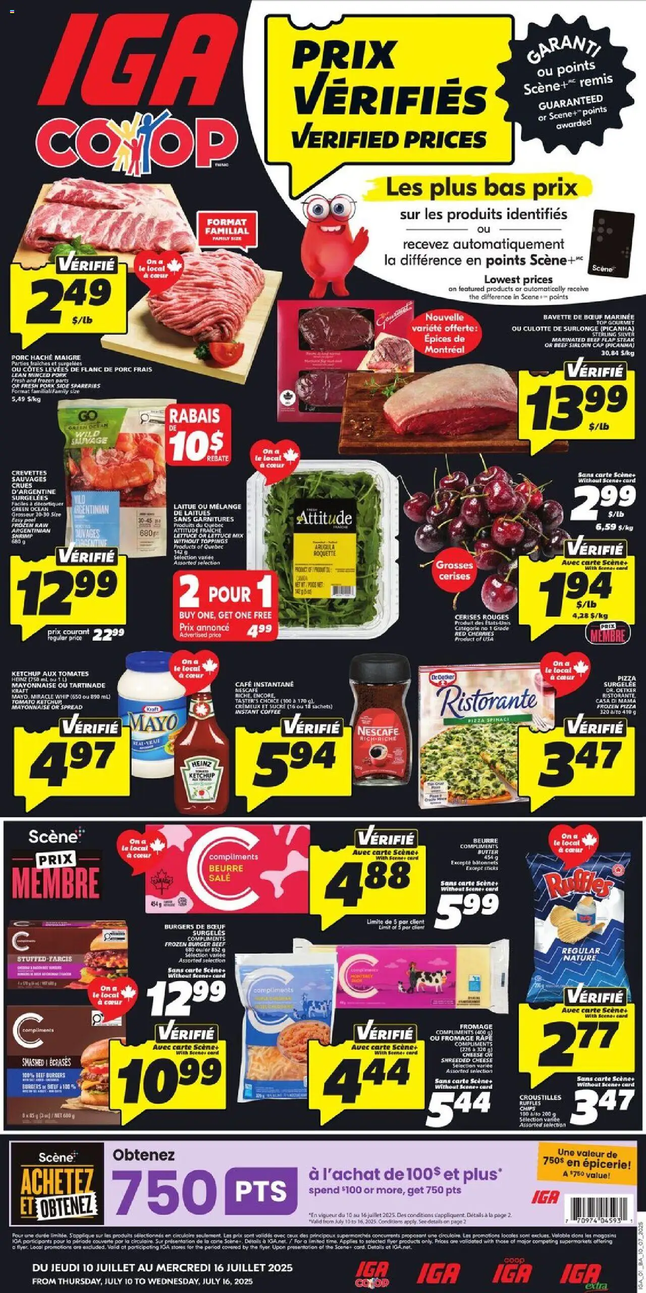 IGA flyer valid from Jul 10, 2025 - page number 1 - Steak, Cheese, Cap, Shrimp, Tomato, Pork, Instant coffee, Frozen pizza