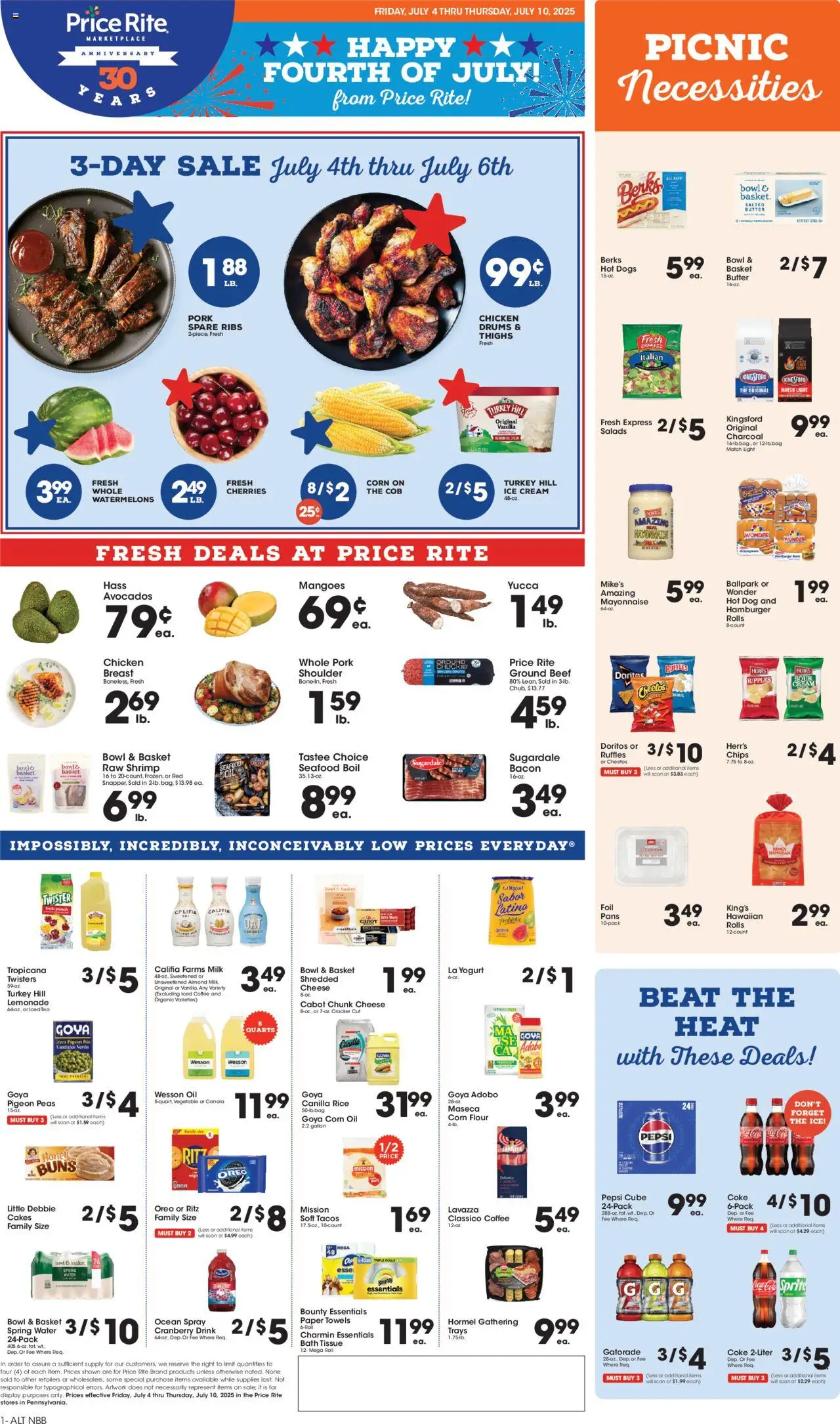 Price Rite Weekly Ad from 07/04/2025 - Flyer - Page number 1 - Ice cream, Seafood, Hot Dogs, Cherries, Charcoal, Pork, Mayonnaise, Spring water