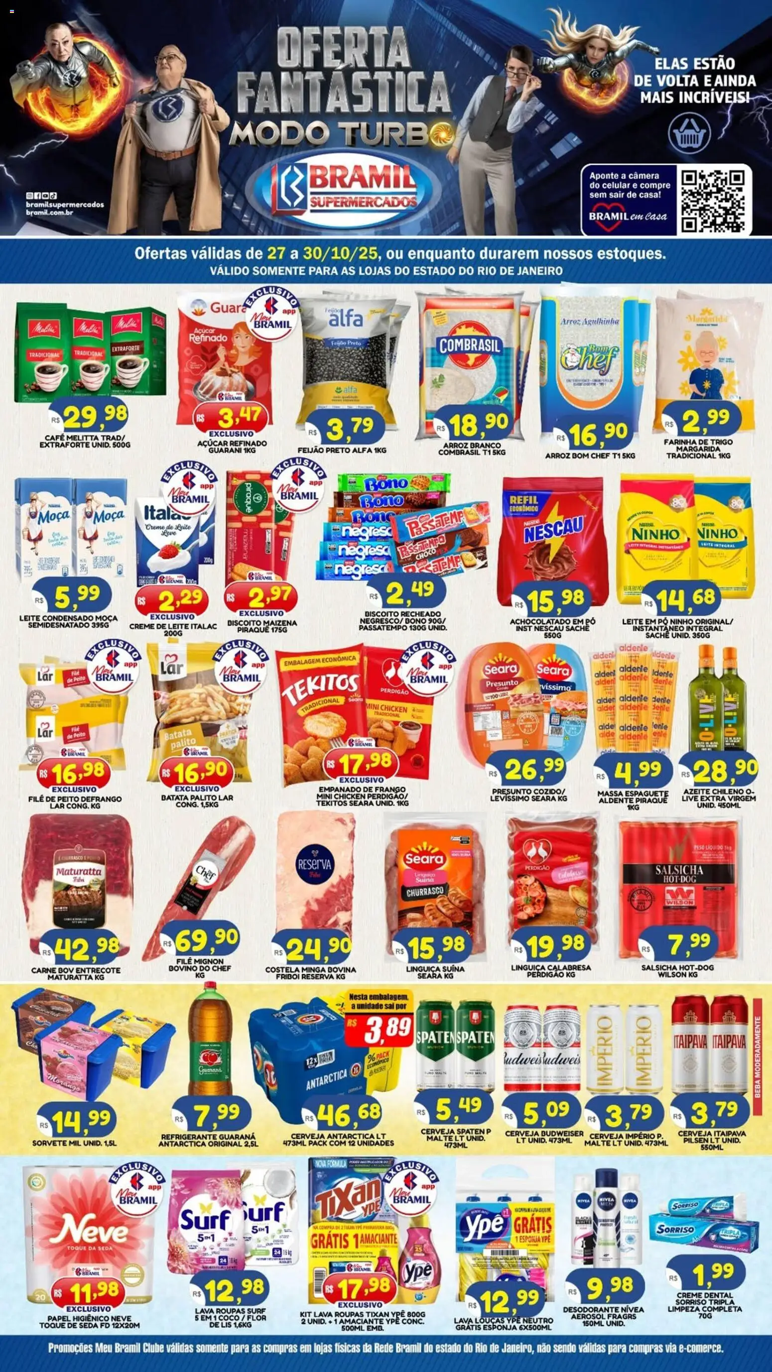 Bramil Supermercados folheto "Ofertas da semana" válido a partir de 27/10/2025 - número de página 1 - Câmera, Cerveja, Leite condensado, Sal, Carne, Azeite, Nescau, Boné