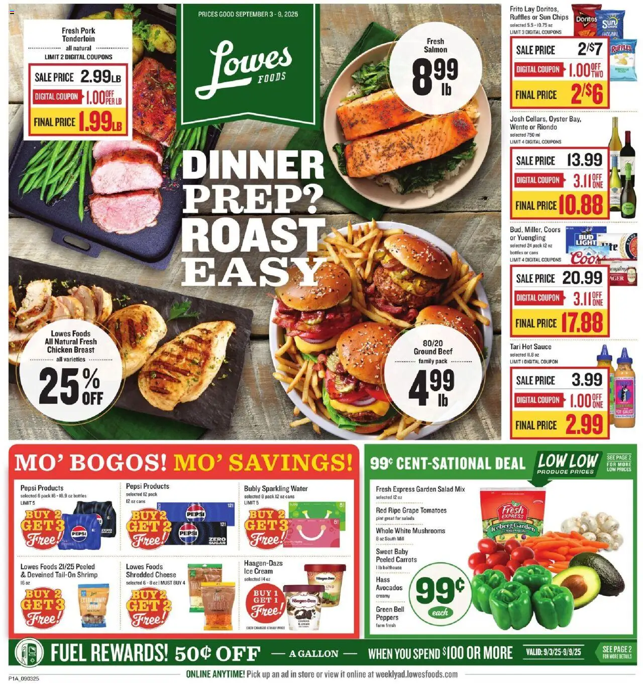 Lowes Foods Weekly Ad - NC from 09/03/2025 - Flyer - Page number 1 - Ice cream, Ice, Salad, Cheese, Tomatoes, Carrots, Sauce, Chicken