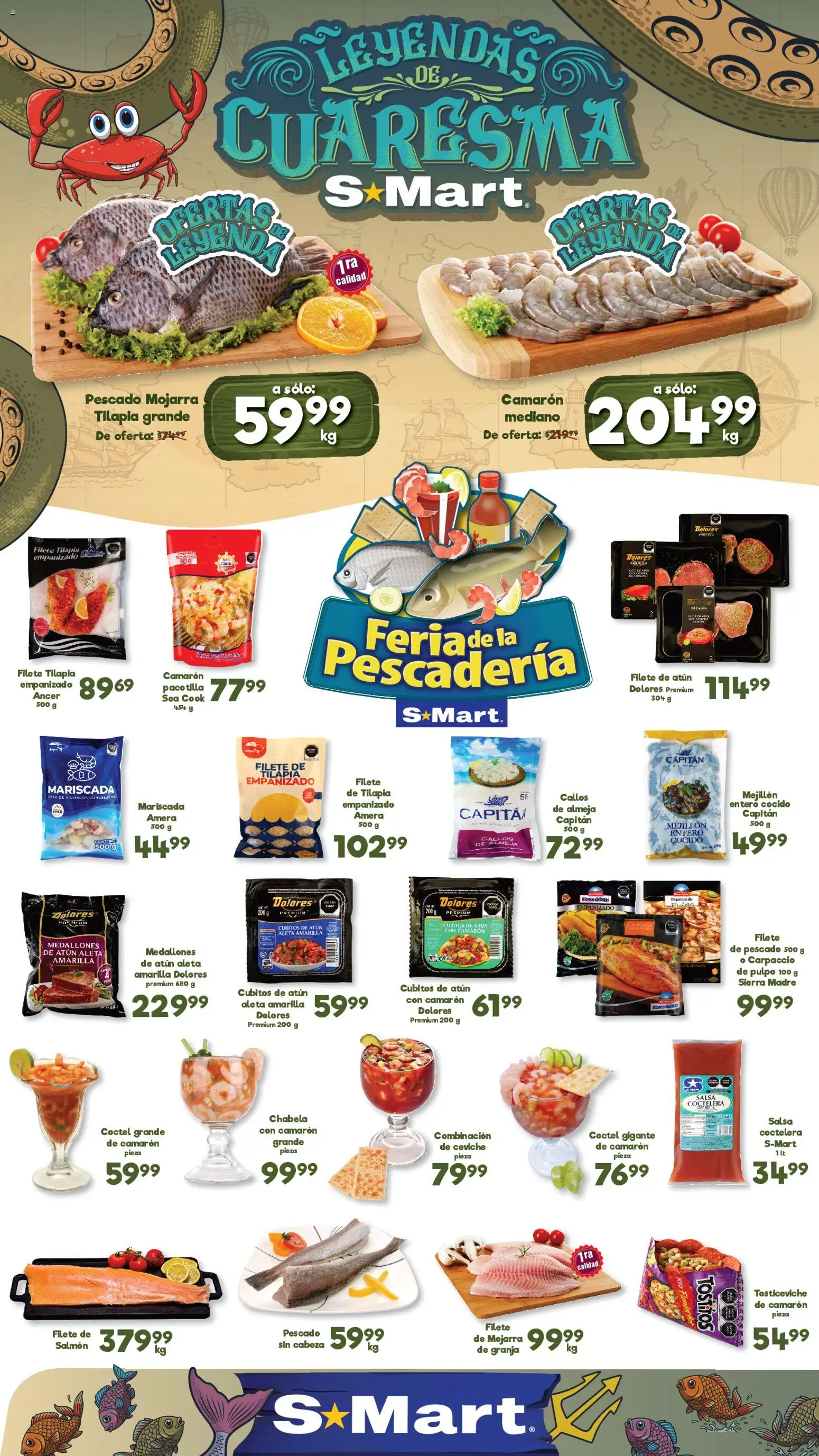 Vista previa las ofertas de la tienda S-Mart - S-Mart folleto Ofertas de feria Monterrey desde el 13/03/2026 - Mariscos, Sierra, Tilapia, Filete de pescado, Carpaccio, Salmón, Filete de salmón, Filete de atún