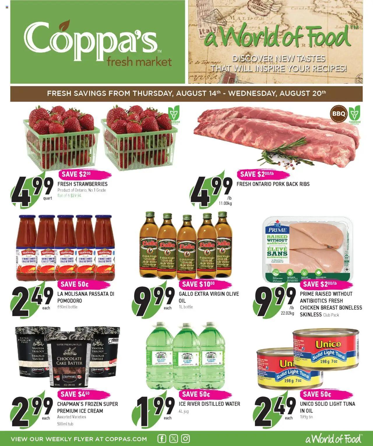 Coppas Fresh Market flyer valid from Aug 14, 2025 - page number 1 - Cake, Chicken, Water, Strawberries, Olive oil, Vanilla, Cream, Extra virgin olive oil