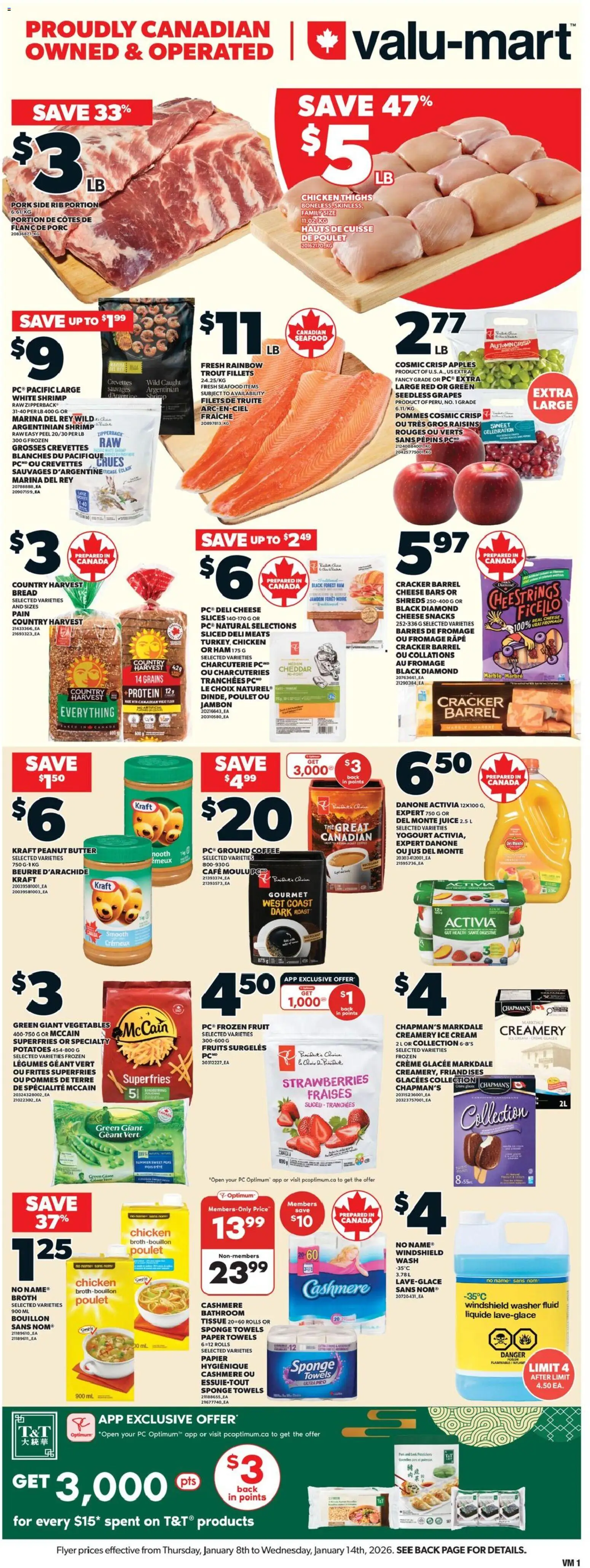 Preview of leaflet Weekly Flyer from shop Valu Mart is valid from Jan 08, 2026 - Apples, Ice, Strawberries, Snacks, Juice, Legumes, Chicken thighs, Paper towels