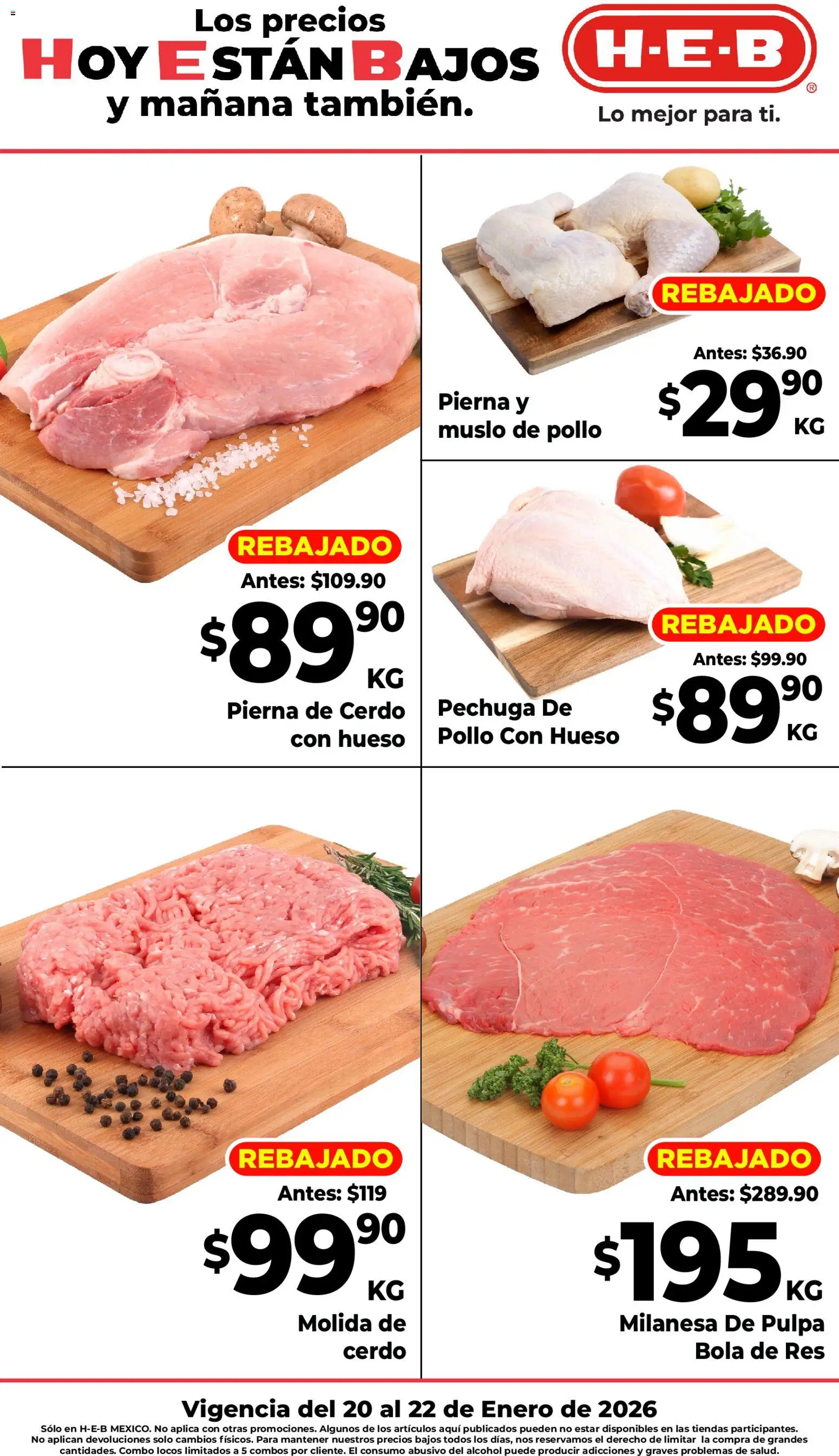 Vista previa las ofertas de la tienda H-E-B - Folleto Ofertas desde el 20/01/2026 - Pollo, Alcohol, Cerdo, Milanesa, Res, Pierna de cerdo