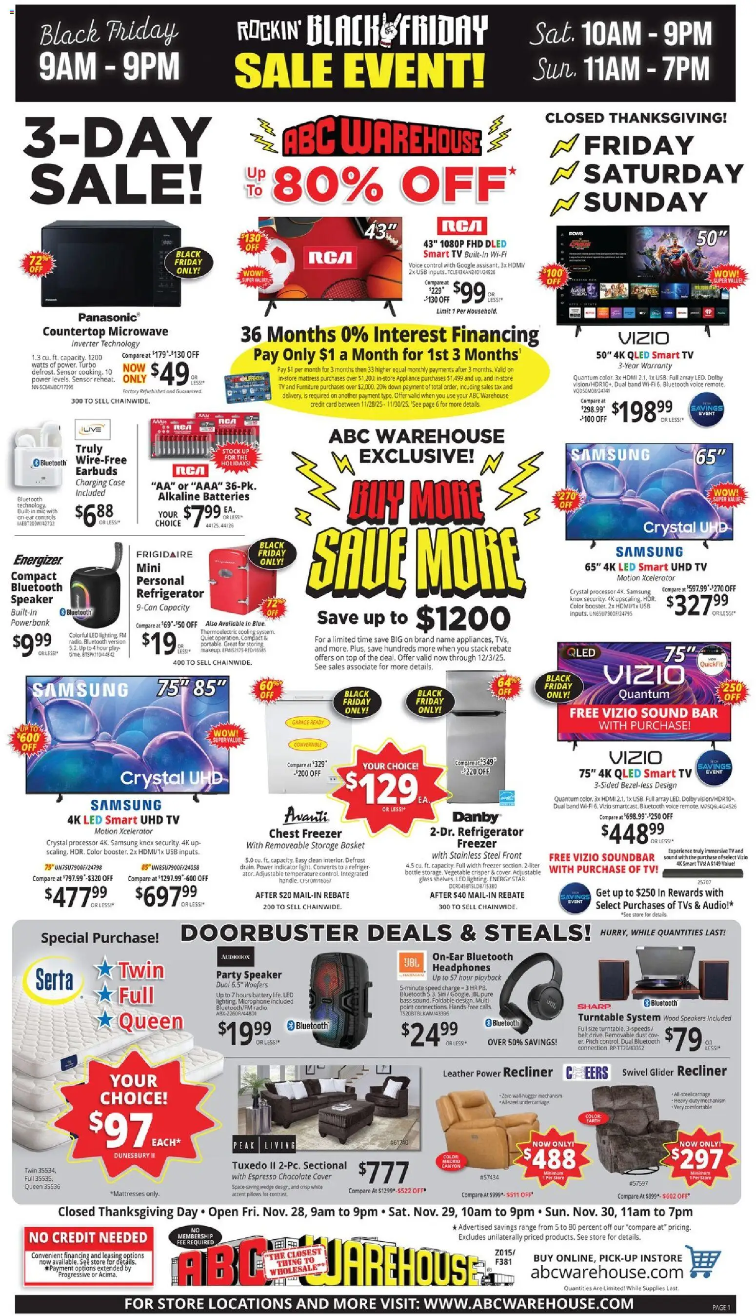 Ad Preview of ABC Warehouse Black Friday from 11/28/2025 - Tv, Refrigerator, Battery, Microphone, Recliner, Basket, Sensor, Soundbar