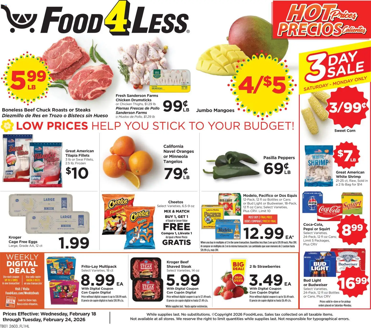 Ad Preview of Food 4 Less Weekly Ad from 02/18/2026 - Steak, Eggs, Strawberries, Shrimp, Corn, Pepsi, Drumsticks, Beef chuck