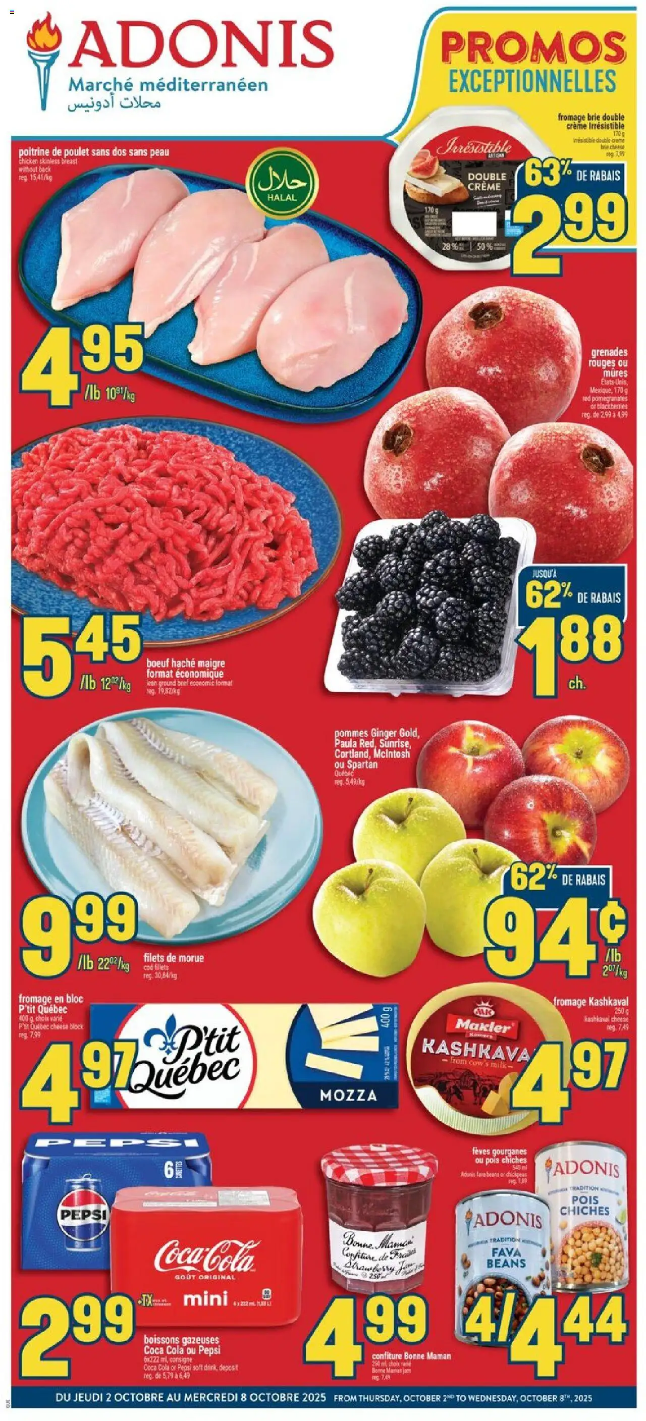 Adonis flyer valid from Oct 02, 2025 - page number 1 - Chicken, Cheese, Milk, Pepsi, Beef, Ginger, Beans, Ground beef