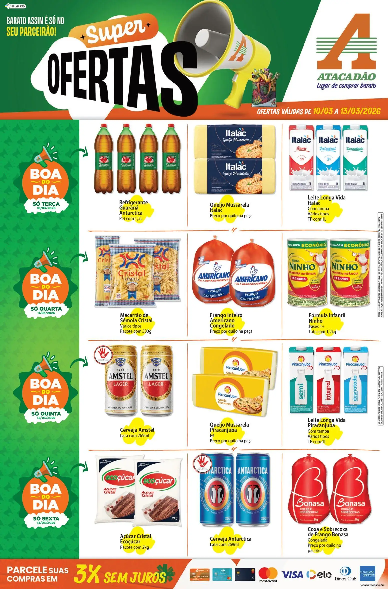 Pré-Visualização do folheto "Atacadão ofertas - TO" da loja Atacadão válido a partir de 10/03/2026 - Cerveja, Bebida, Frango, Açúcar, Refrigerante, Açúcar cristal, Leite longa vida, Frango inteiro