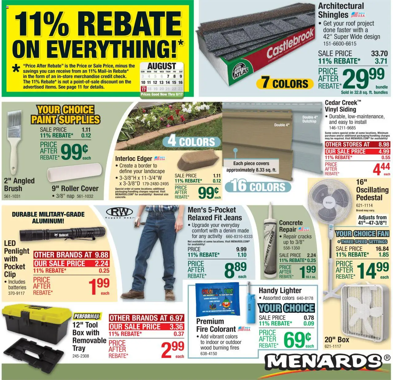 Menards AD from 08/06/2025 >> Weekly ad + Sale ad Preview - Page number 1 - Box, Jeans, Fan, Clip, Lighter, Brush, Edger