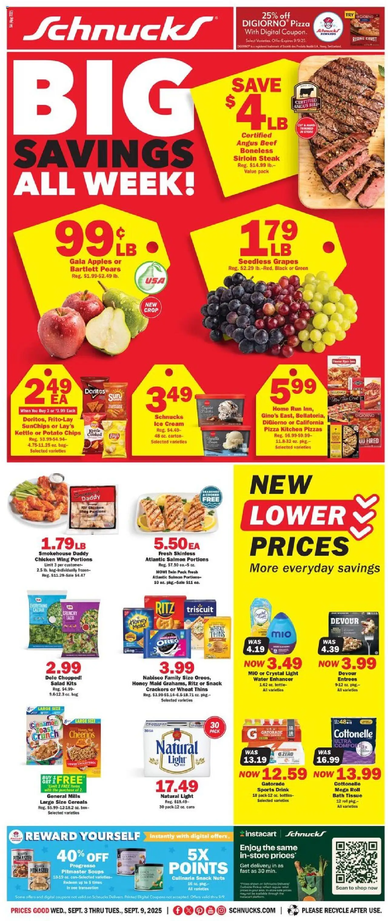 Schnucks Weekly Print Ad - IL from 09/03/2025 - Flyer - Page number 1 - Chips, Honey, Salmon, Cereals, Bath, Cream, Sports drink, Seedless grapes