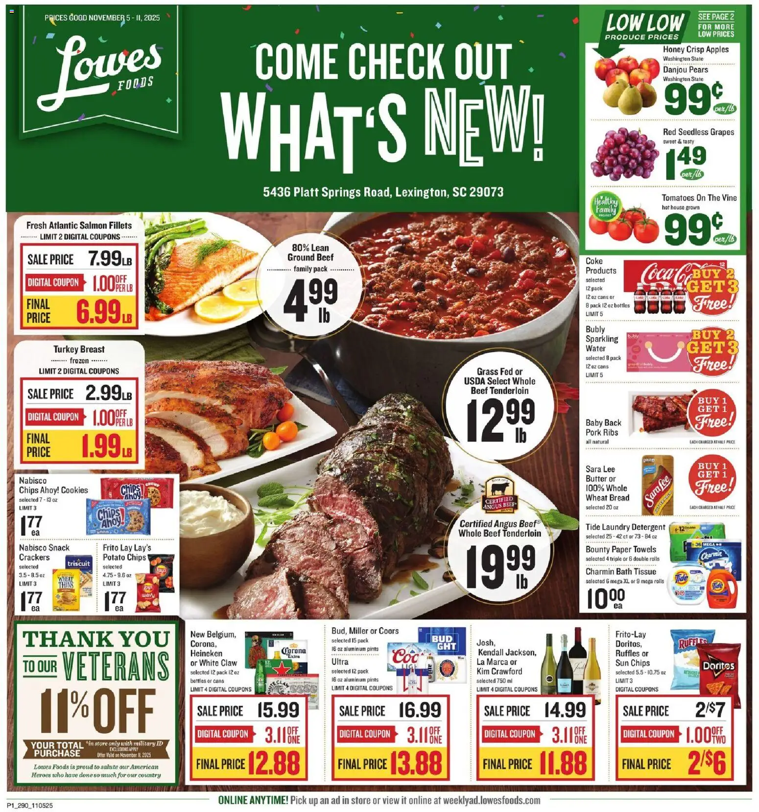 Ad Preview of Lowes Foods Weekly Ad - SC from 11/05/2025 - Apples, Honey, Salmon, Grapes, Heineken, Beef tenderloin, Turkey breast, Seedless grapes