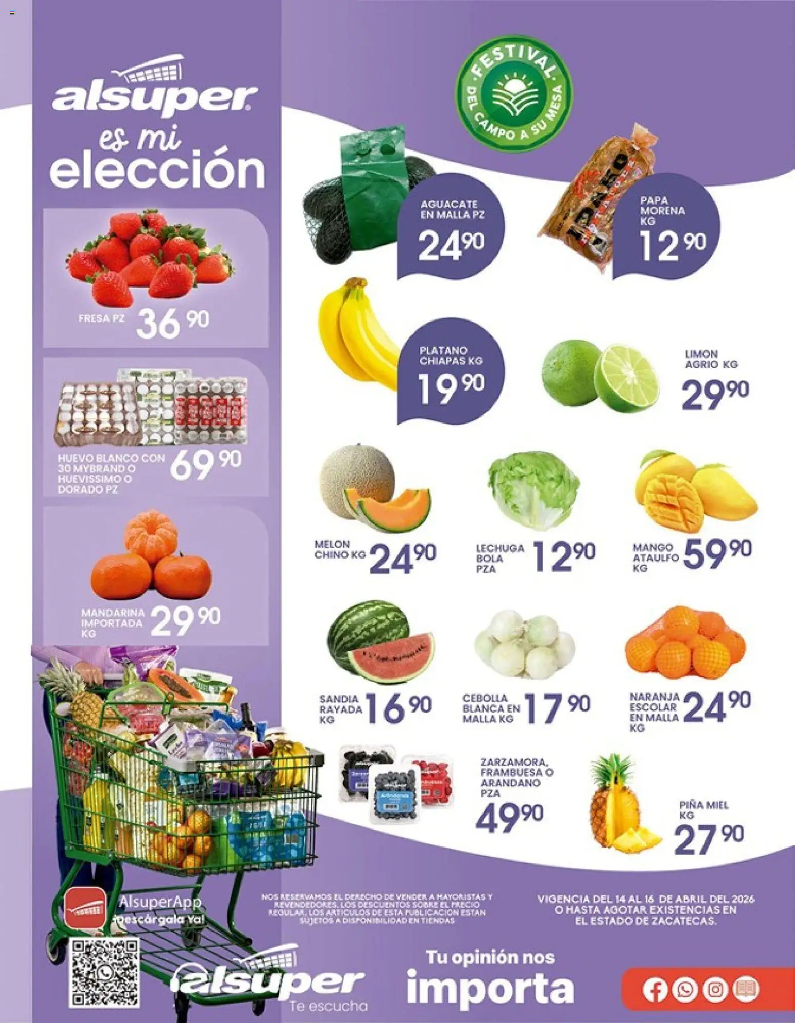 Vista previa las ofertas de la tienda Alsuper - Alsuper folleto Calera desde el 14/04/2026 - Fresa, Plátano, Limón, Piña, Cebolla, Lechuga, Miel, Melón