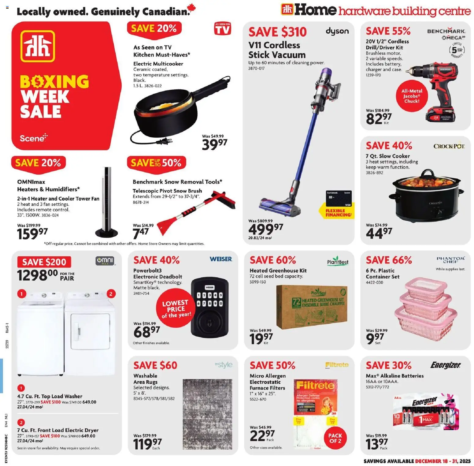 Preview of leaflet Weekly flyer / circulaire from shop Home Hardware is valid from Dec 18, 2025 - Fan, Bed, Omega, Batteries, Slow cooker, Dryer, Brush, Cooker