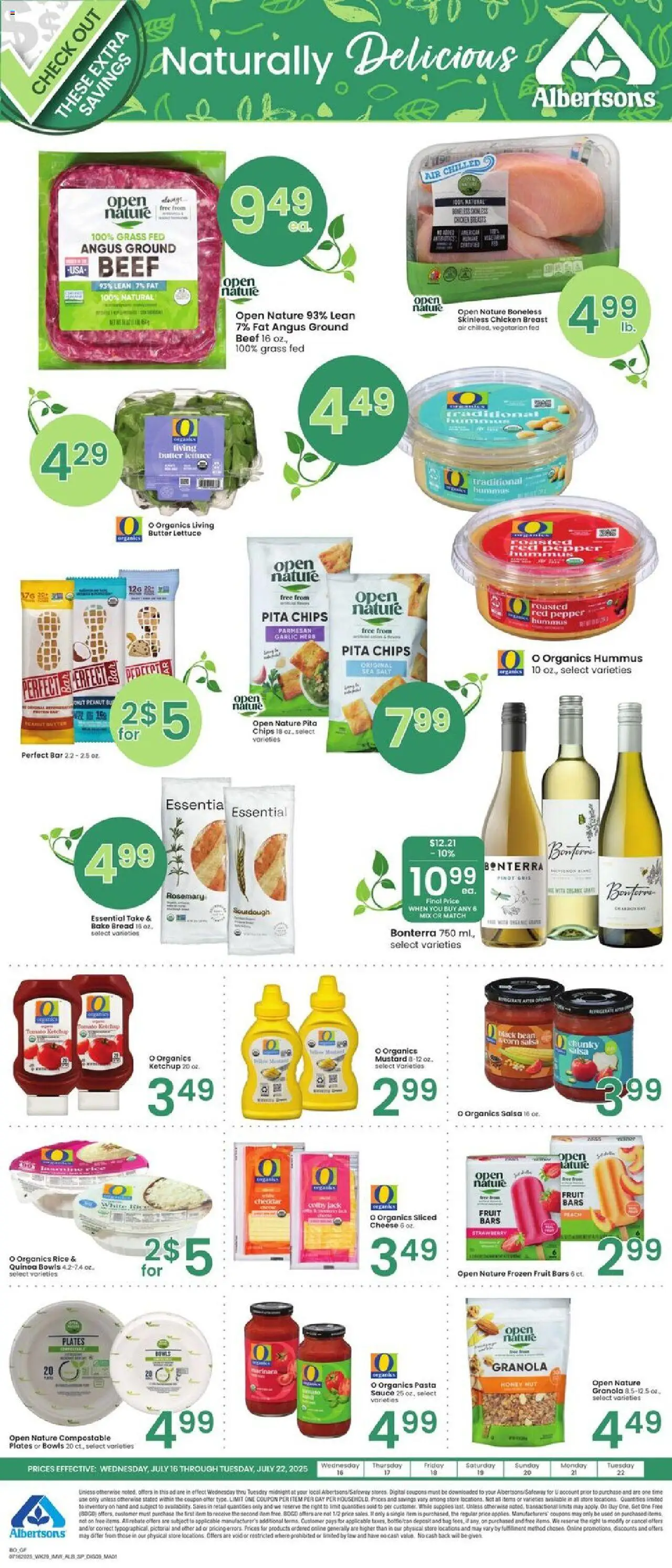 Albertsons Bonus Savings from 07/16/2025 - Flyer - Page number 1 - Corn, Lettuce, Cheese, Bread, Chips, Sauce, Garlic, Bag