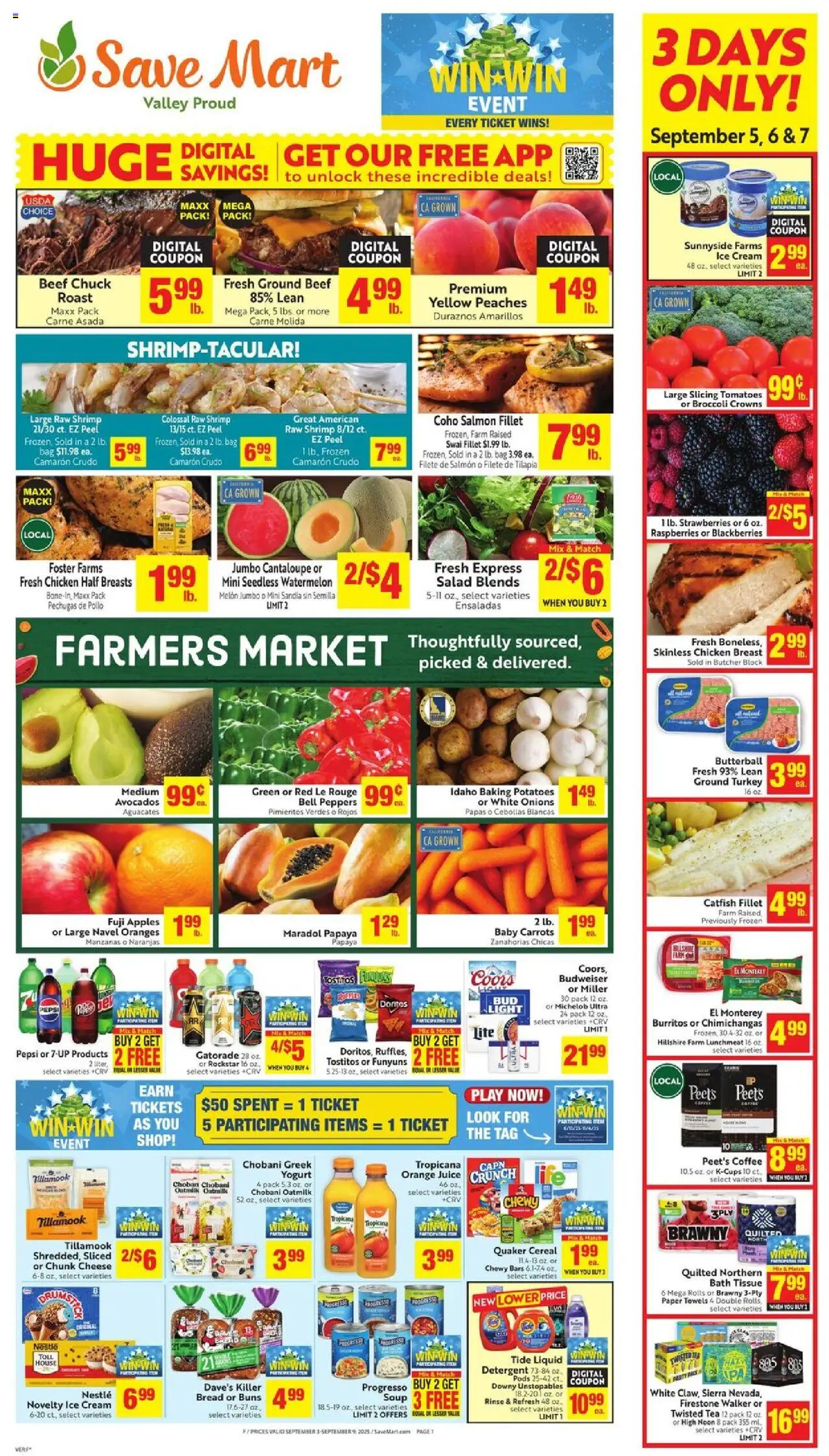 Save Mart Weekly Ad from 09/03/2025 - Flyer - Page number 1 - Tea, Broccoli, Potatoes, Shrimp, Cereal, Ground beef, Ground turkey, Chicken