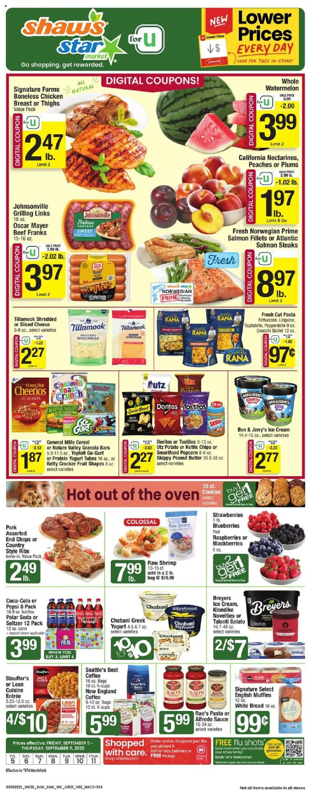 Star Market Weekly Ad - MA from 09/05/2025 - Flyer - Page number 1 - Pasta, Fruit, Watermelon, Cereal, Raspberries, Peanut butter, Sauce, Chicken