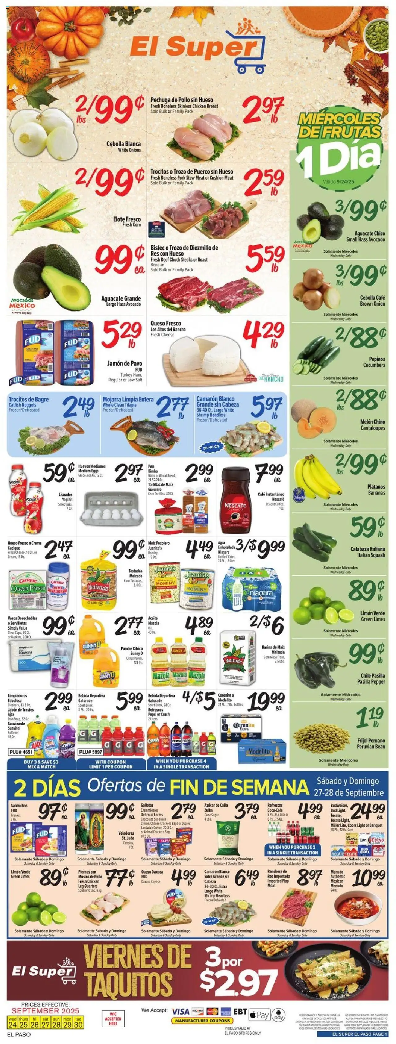 El Super Weekly Ad - TX from 09/24/2025 - Flyer - Page number 1 - Turkey, Chocolate, Bananas, Cheese, Meat, Squash, Pepper, Beef chuck
