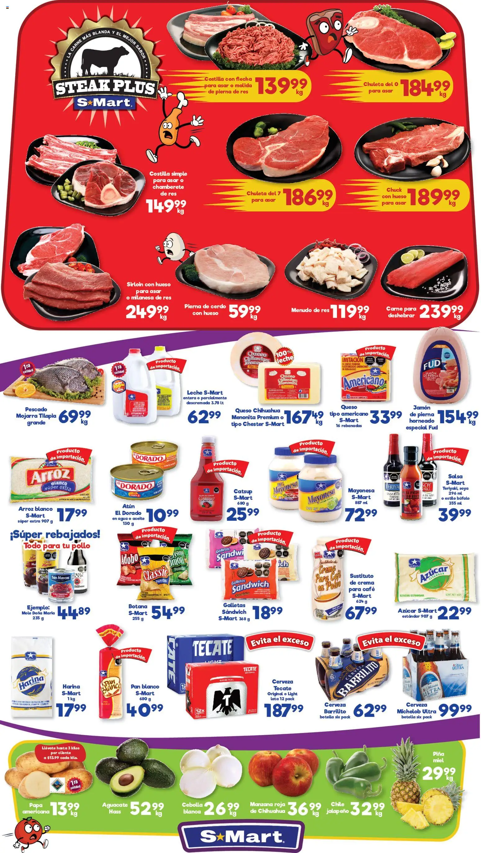 Vista previa las ofertas de la tienda S-Mart - Folleto Juárez desde el 16/01/2026 - Agua, Pollo, Pan, Aguacate, Catsup, Piña, Miel, Steak