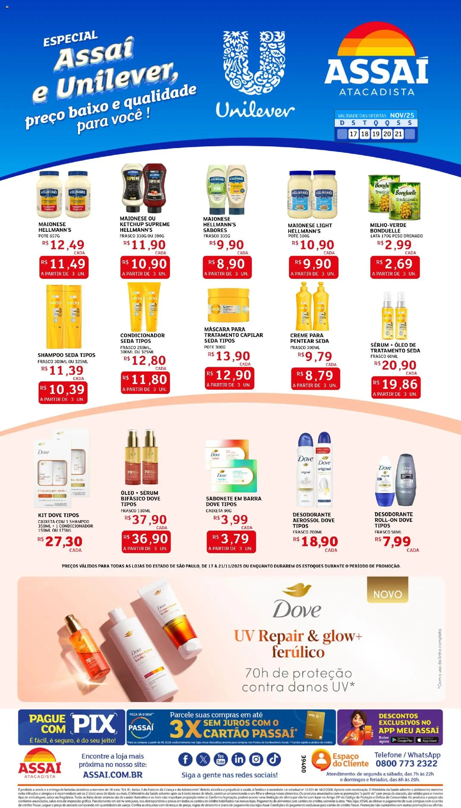 Pré-Visualização do folheto "Encarte - SP" da loja Assaí Atacadista válido a partir de 17/11/2025 - Telefone, Óleo, Base, Bebida, Sabonete, Maionese, Creme, Sérum