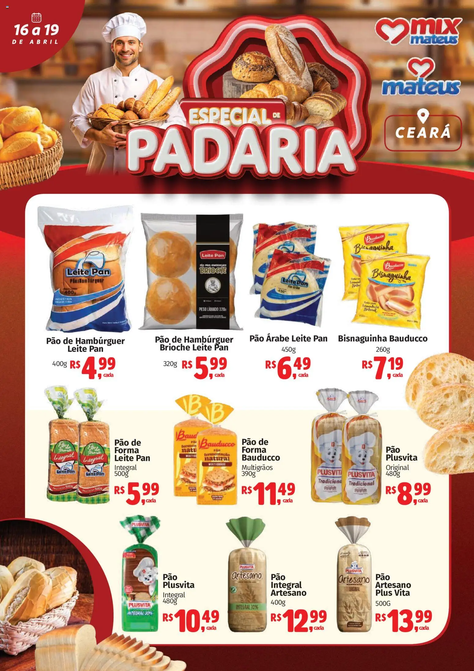 Pré-Visualização do folheto "Mateus ofertas Especial Padaria" da loja Mateus válido a partir de 16/04/2026 - Hambúrguer, Pão, Leite, Pão de forma, Brioche