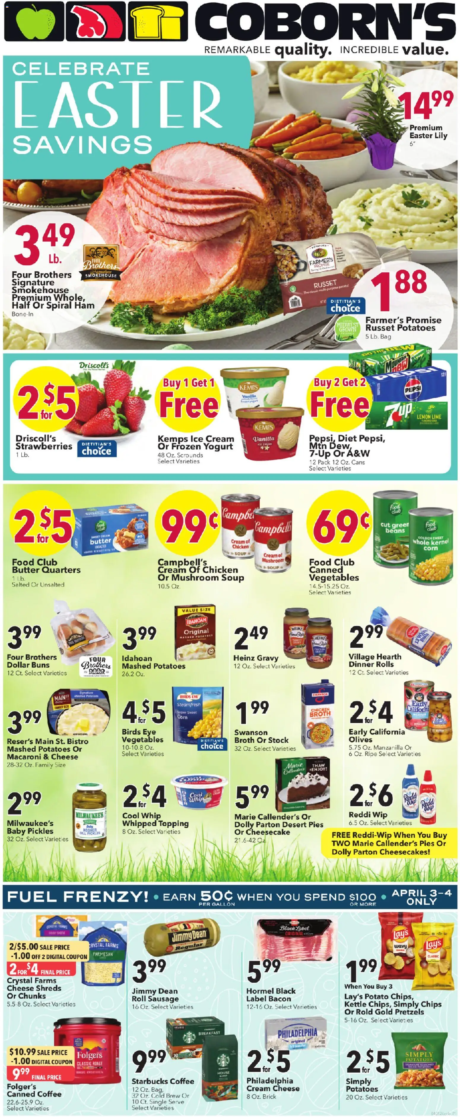 Ad Preview of Coborn's Coborn's Weekly Ad from 04/01/2026 - Ice, Chips, Cheese, Corn, Bacon, Lime, Kettle, Canned vegetables