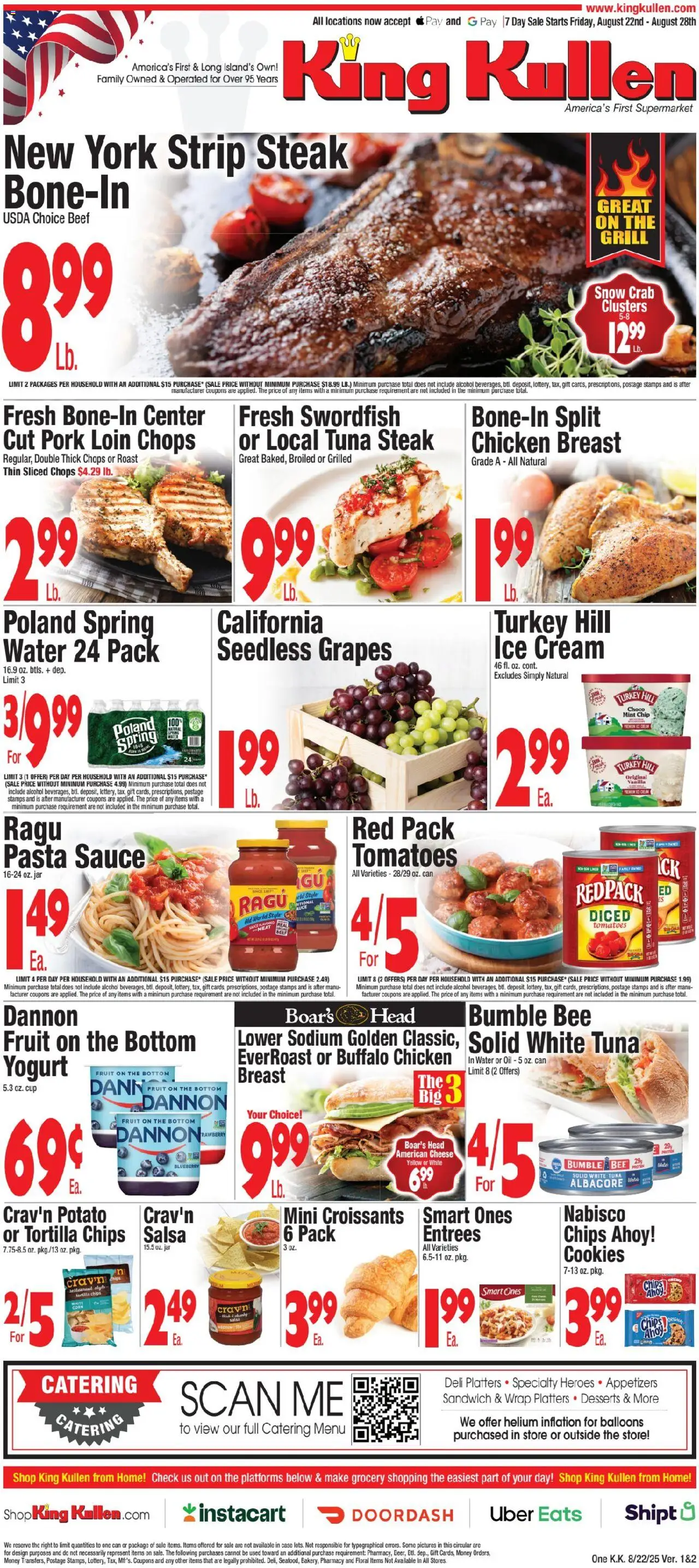 King Kullen Weekly Ad from 08/22/2025 - Flyer - Page number 1 - Turkey, Pasta, Fruit, Cheese, Croissants, Corn, Vanilla, Tortilla chips