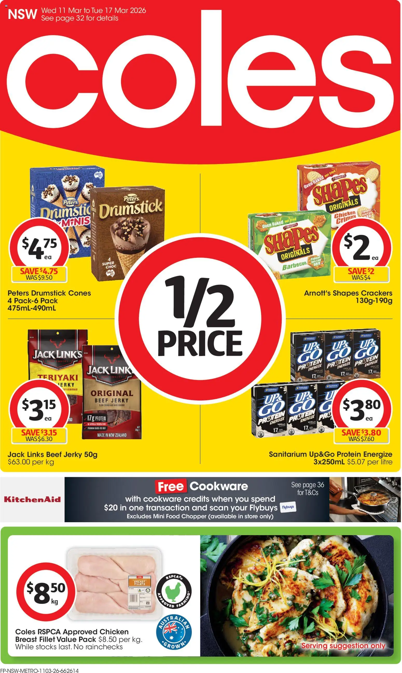 Preview of catalogue Coles catalogue from shop Coles valid 11/03/2026 - Food, Jerky, Crackers, Chicken breast, Beef, Cookware, Fillet, Oven