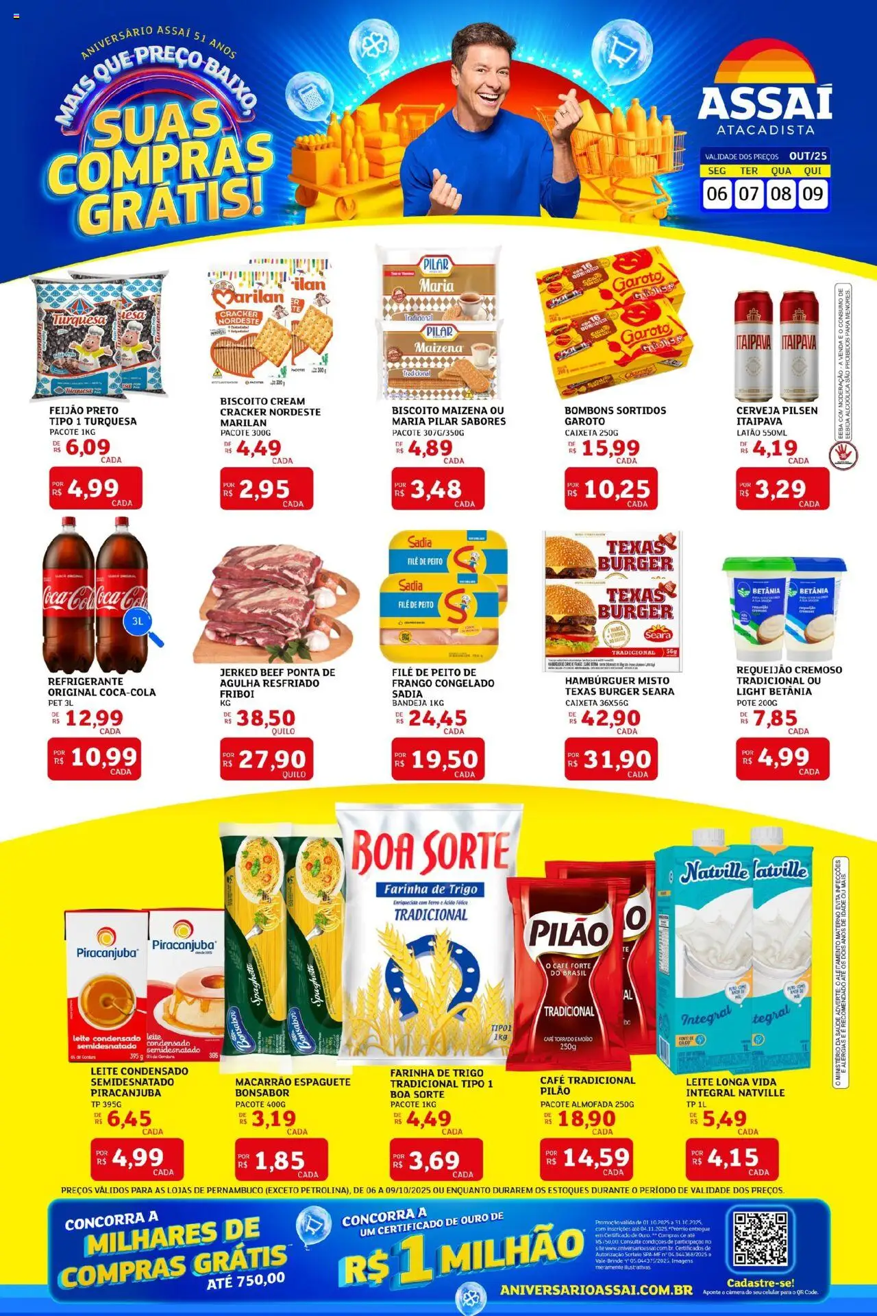 Pré-Visualização do folheto "Encarte - PE" da loja Assaí Atacadista válido a partir de 06/10/2025 - Celular, Bebida, Feijão, Biscoito, Requeijão, Farinha, Espaguete, Cream cracker