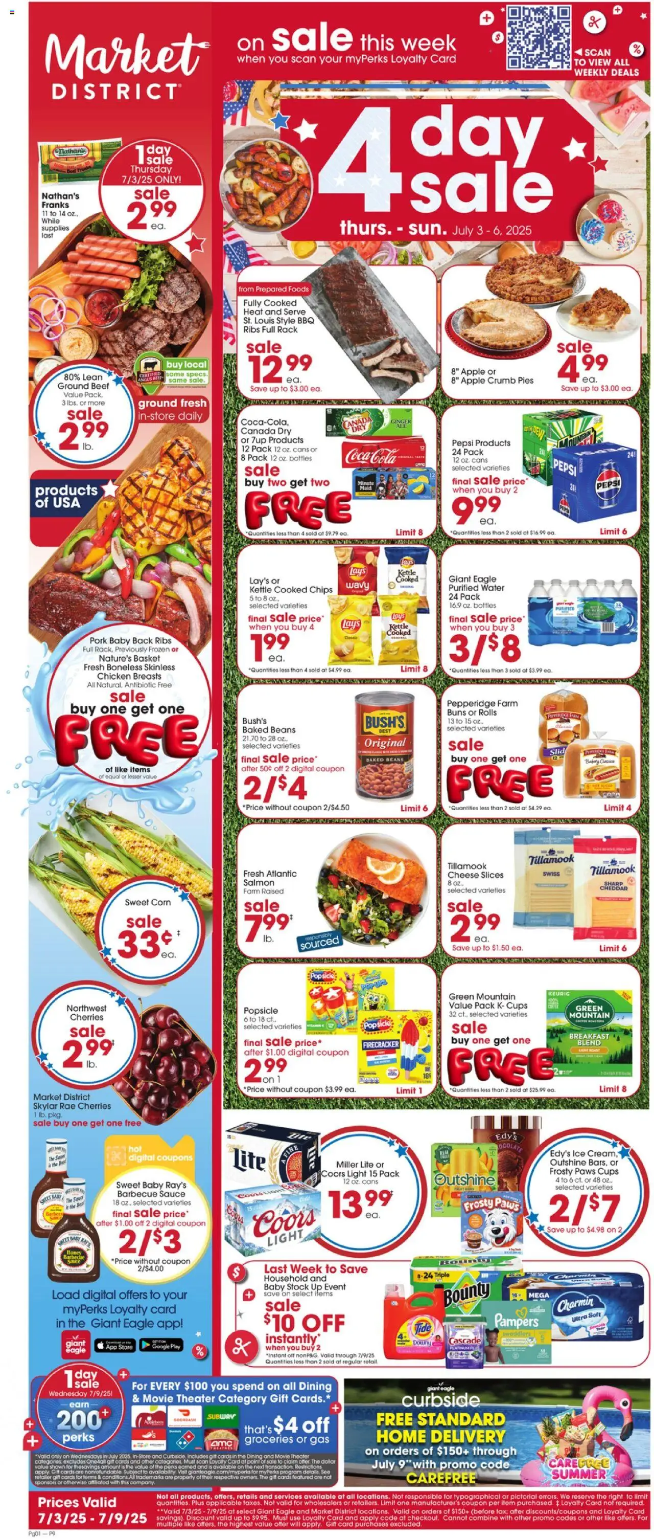 Giant Eagle Weekly Ad from 07/03/2025 - Flyer - Page number 1 - Water, Ice, Cherries, Beans, Beef, Ground beef, Chicken breasts, Barbecue sauce