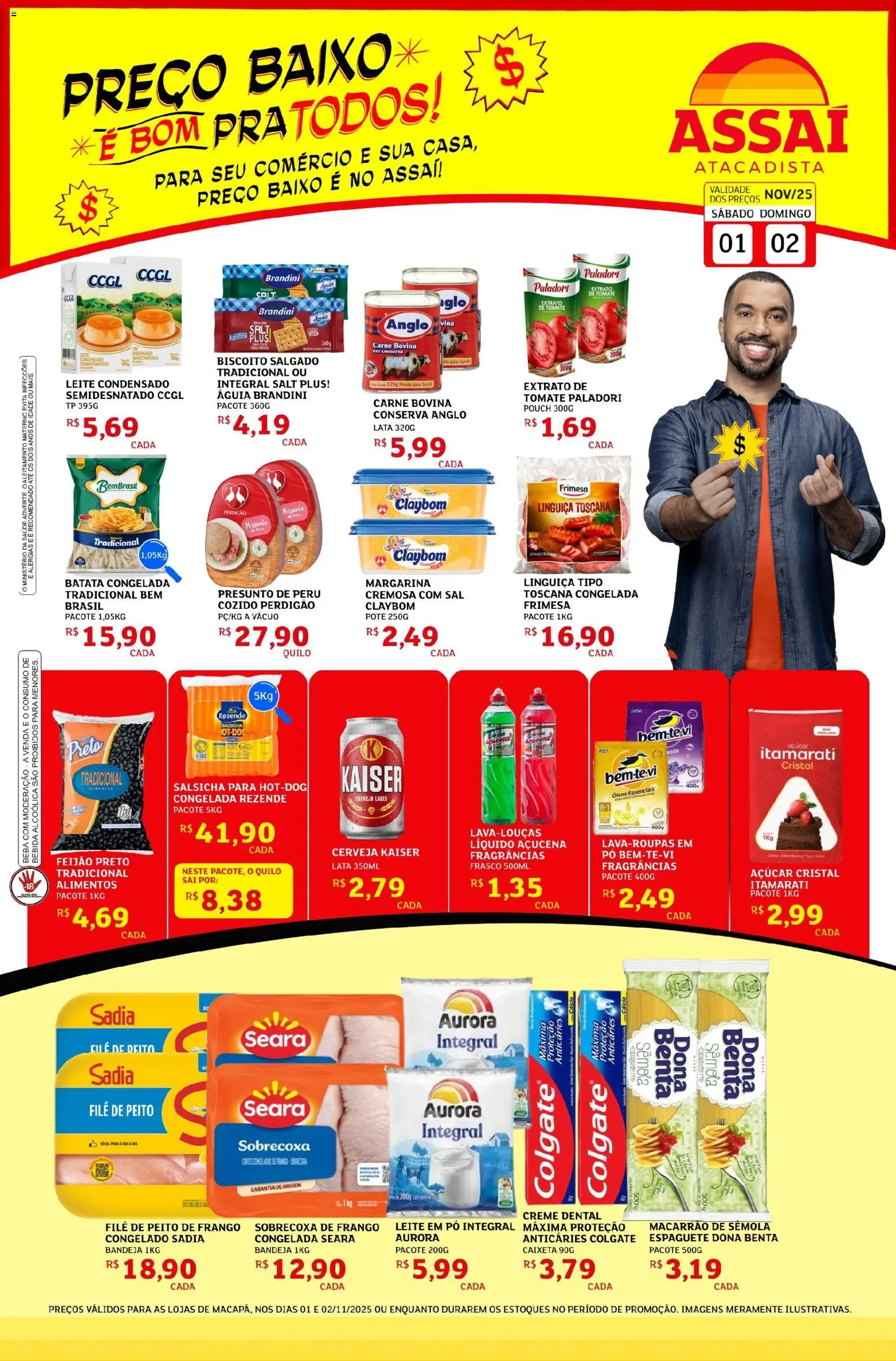 Pré-Visualização do folheto "Encarte - AP" da loja Assaí Atacadista válido a partir de 01/11/2025 - Cerveja, Leite condensado, Sal, Salsicha, Biscoito, Açúcar, Margarina, Cálcio
