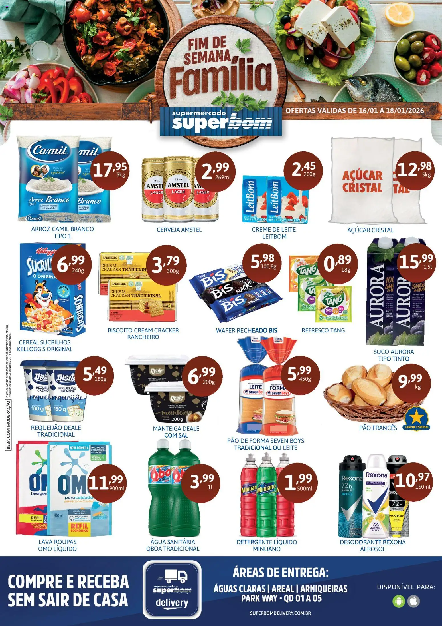 Pré-Visualização do folheto "Ofertas da semana" da loja Superbom válido a partir de 16/01/2026 - Cerveja, Biscoito, Açúcar, Creme de leite, Detergente, Rexona, Pão francês, Cream cracker