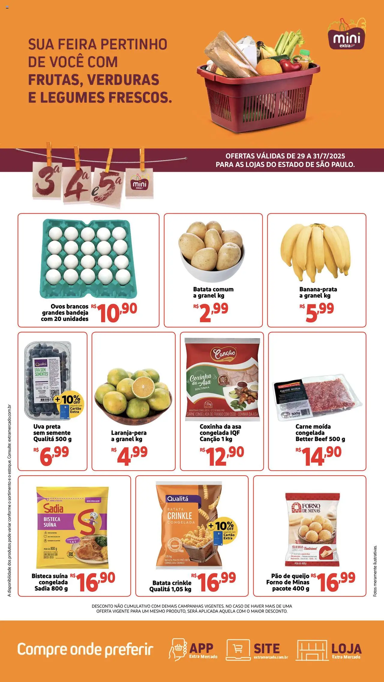 Mini Extra folheto "Ofertas Terça e Quinta" válido a partir de 29/07/2025 - número de página 1 - Pão de queijo, Ovos, Carne, Frango, Legumes, Forno, Carne moída, Bandeja