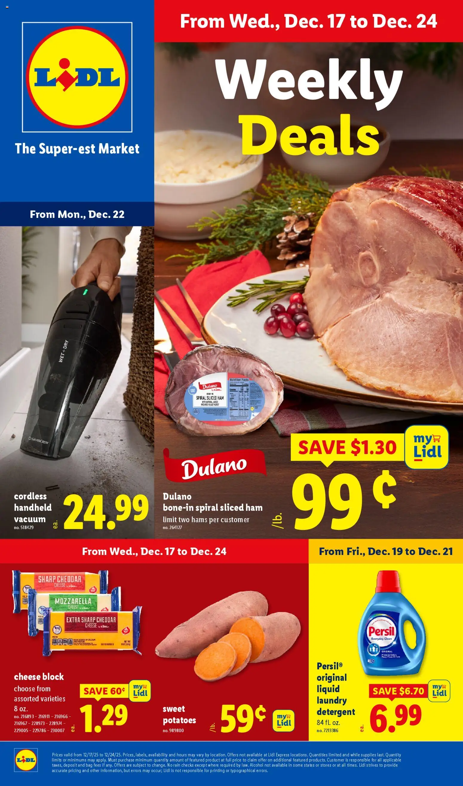 Ad Preview of Lidl Weekly Ad from 12/17/2025 - Alcohol, Vacuum, Cheese, Potatoes, Ham, Bag, Cheddar cheese, Detergent