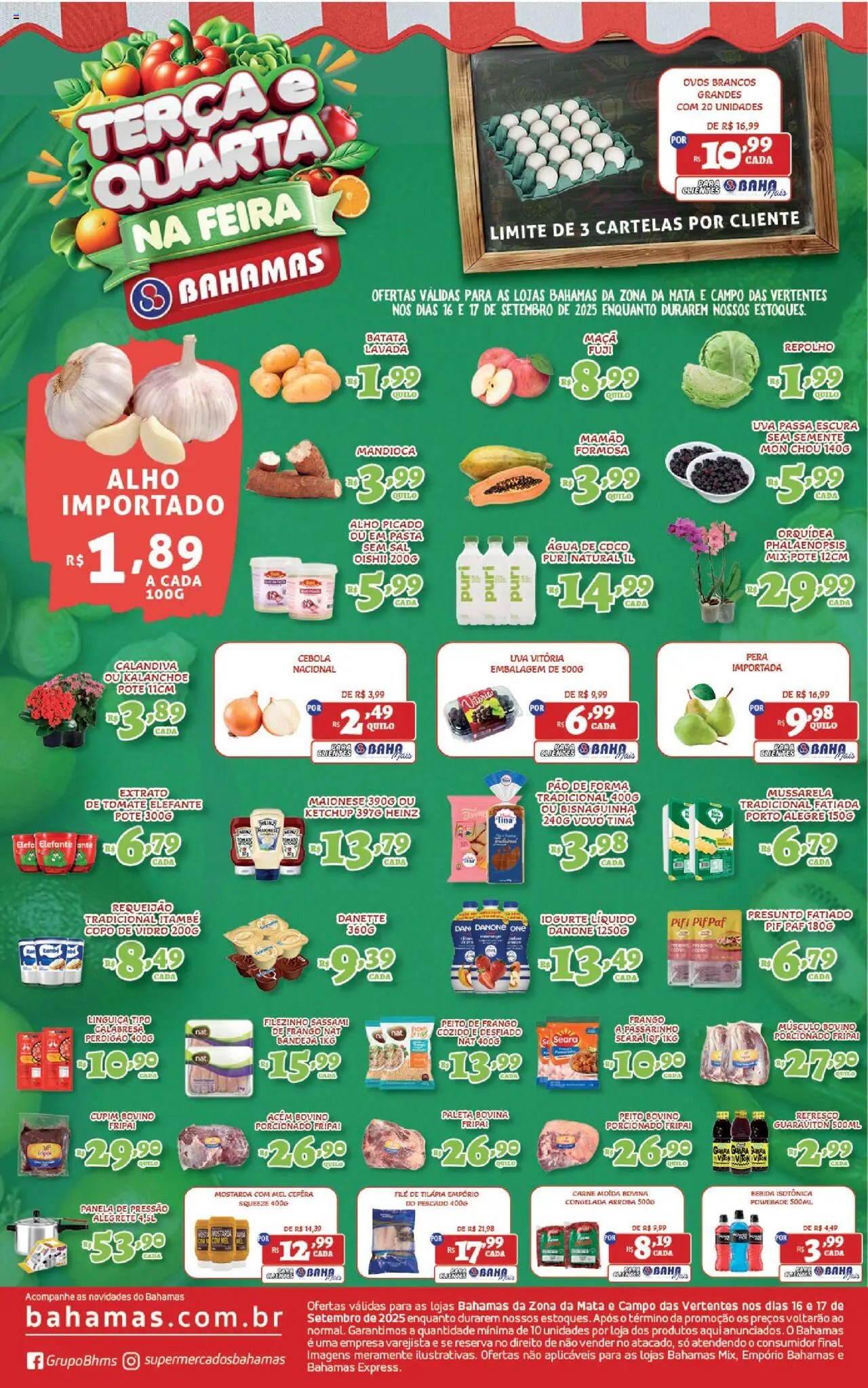 Bahamas Supermercados folheto "Ofertas Terça e Quarta na Feira" válido a partir de 16/09/2025 - número de página 1 - Água, Sal, Ovos, Pão, Presunto, Bandeja, Alho, Refresco