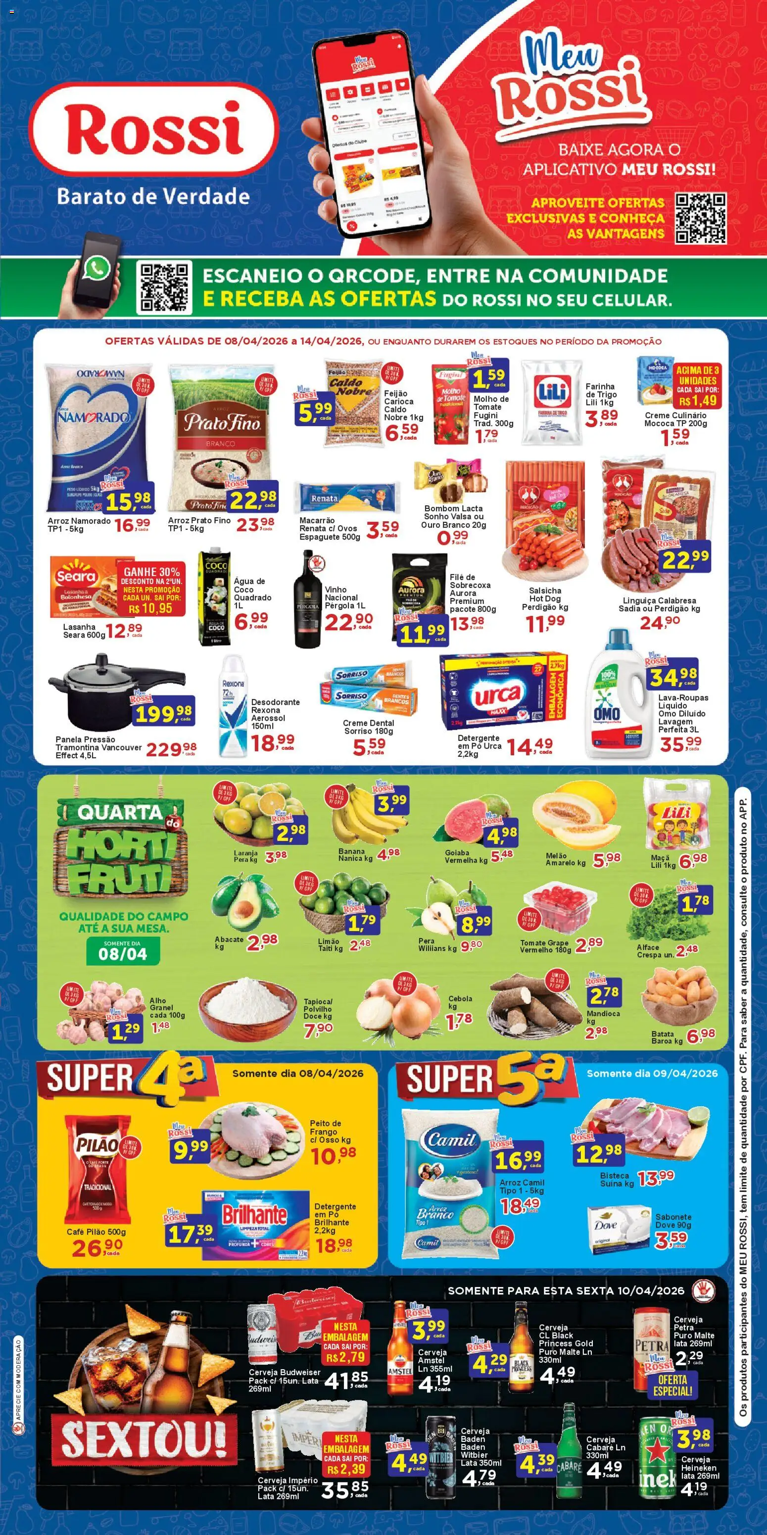 Pré-Visualização do folheto "Rossi Supermercados - Ofertas da semana" da loja Rossi Supermercados válido a partir de 08/04/2026 - Coco, Cerveja, Batata, Pera, Alface, Linguiça, Melão, Alho