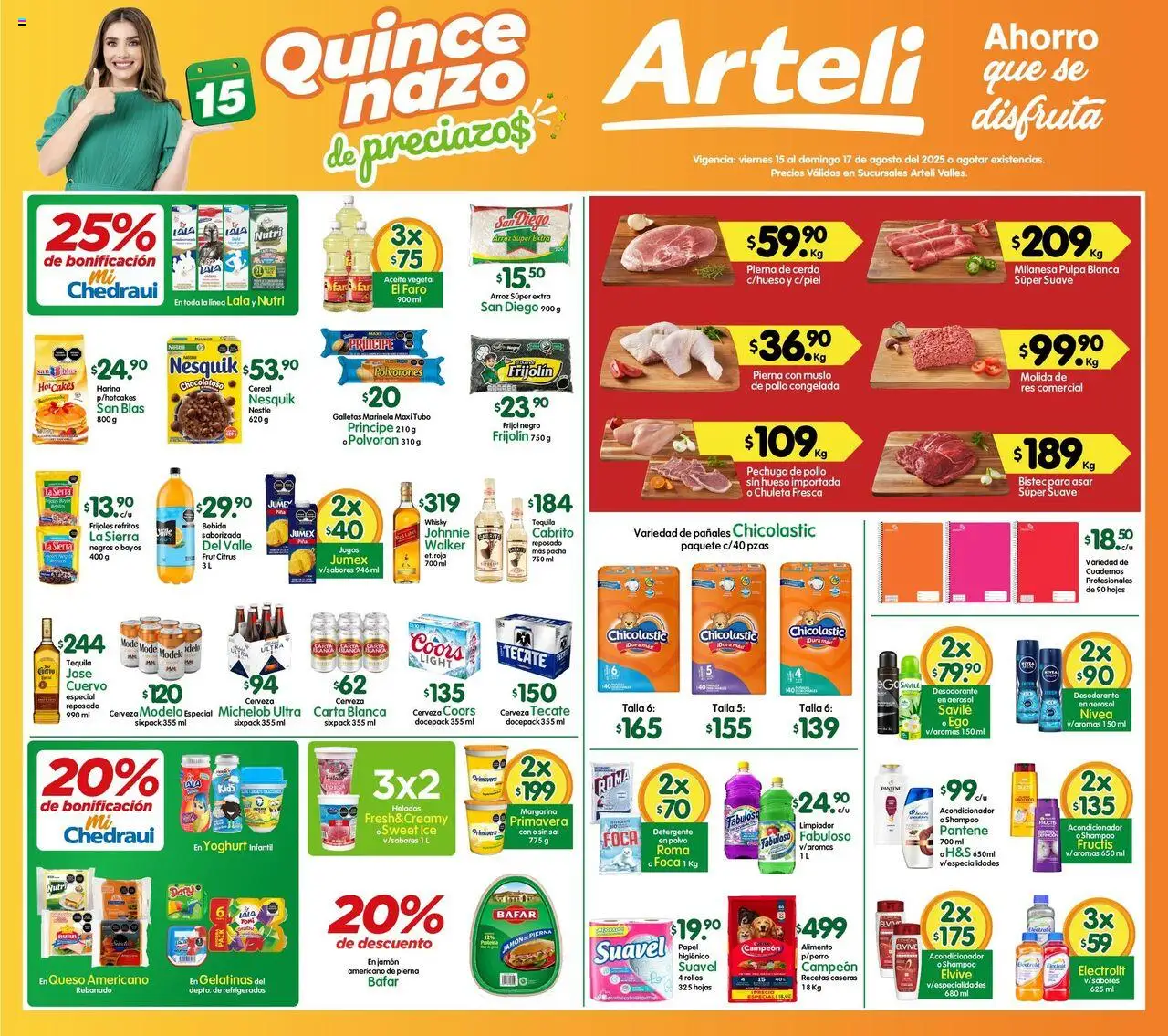 Folleto Valles Arteli y sus promociones válidas desde el 15/08/2025 - Número de página 1 - Galletas, Queso, Aceite, Bistec, Milanesa, Acondicionador, Res, Chuleta