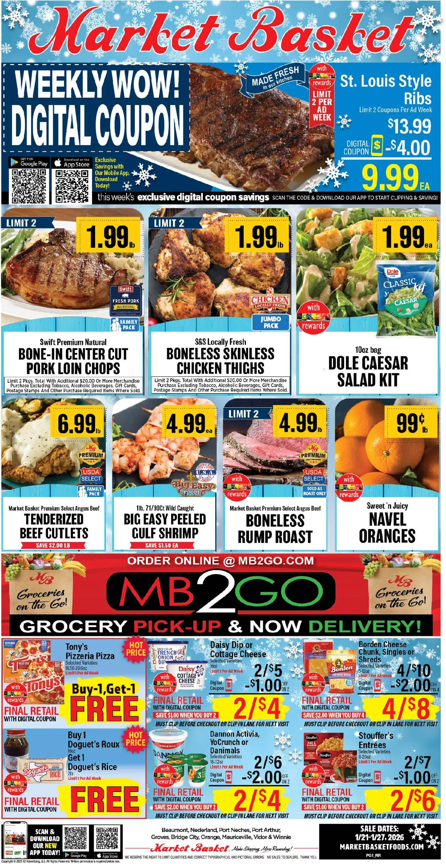 Ad Preview of Market Basket Weekly Ad from 01/21/2026 - Shrimp, Cottage cheese, Beef, Basket, Pork, Cream, Sour cream, Clip