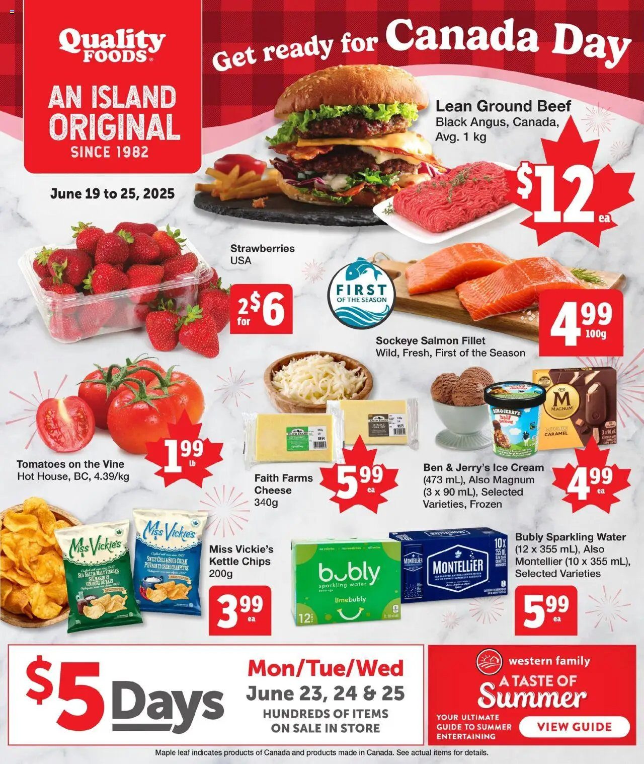 Quality Foods flyer valid from Jun 19, 2025 - page number 1 - Strawberries, Chips, Cream, Salmon, Salmon fillet, Chili, Ben & Jerry’s ice cream, Ice