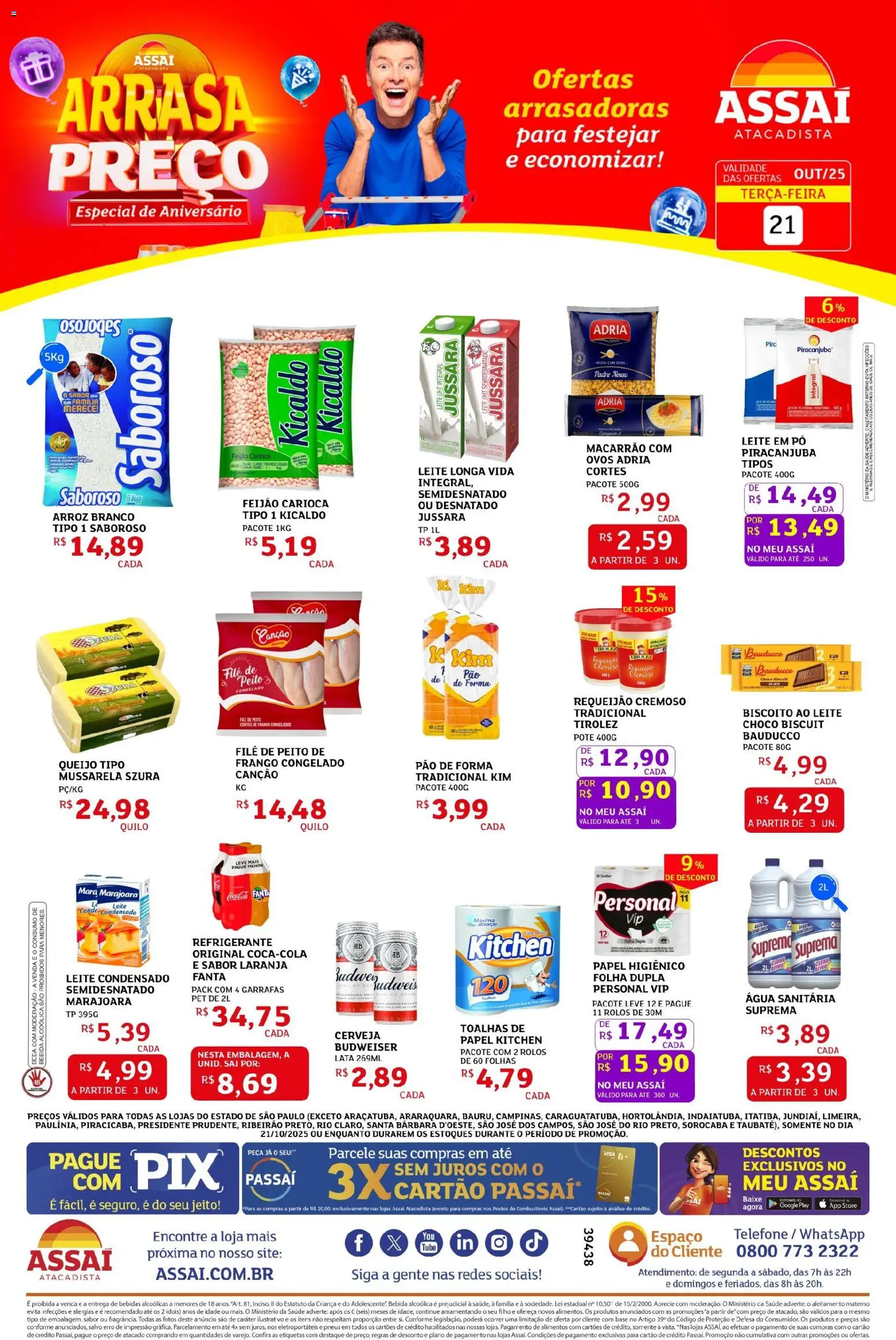 Assaí Atacadista folheto "Encarte - SP" válido a partir de 21/10/2025 - número de página 1 - Pneus, Biscoito, Mussarela, Pão de forma, Papel higiênico, Pó, Fanta, Leite longa vida