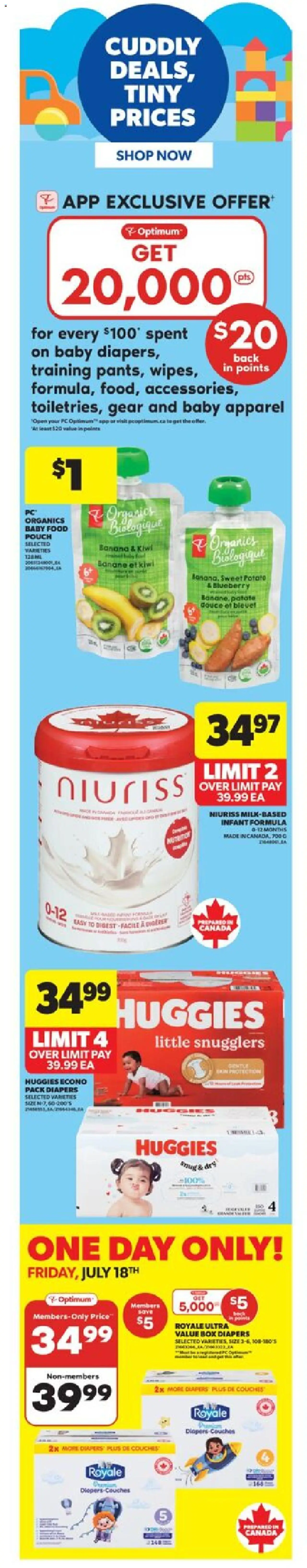 Real Canadian Superstore flyer valid from Jul 17, 2025 - page number 1 - Kiwi, PC, Diapers, Food, Box