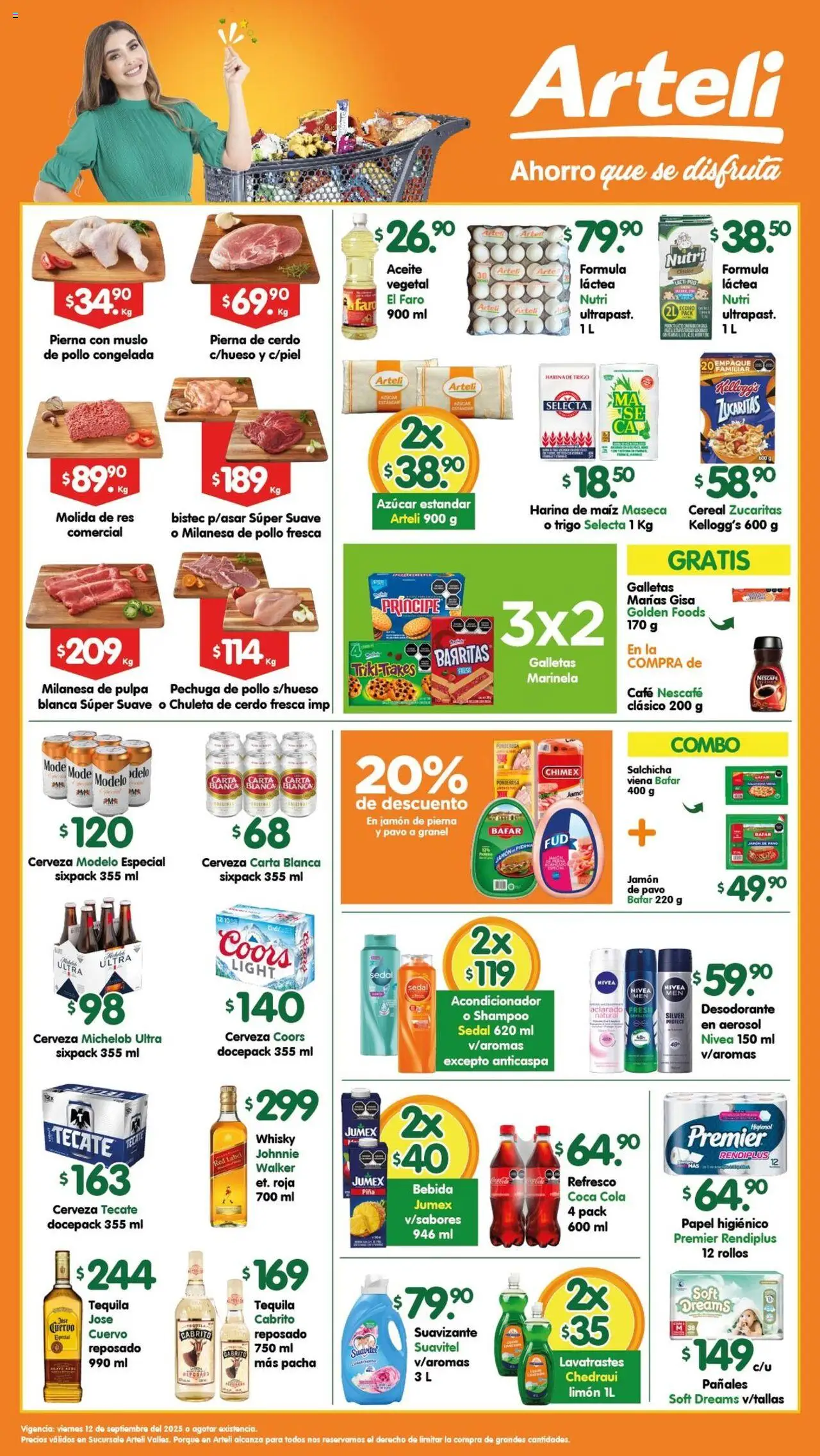 Folleto Valles Arteli y sus promociones válidas desde el 10/10/2025 - Número de página 1 - Whisky, Shampoo, Azúcar, Maíz, Desodorante, Pañales, Jamón, Res