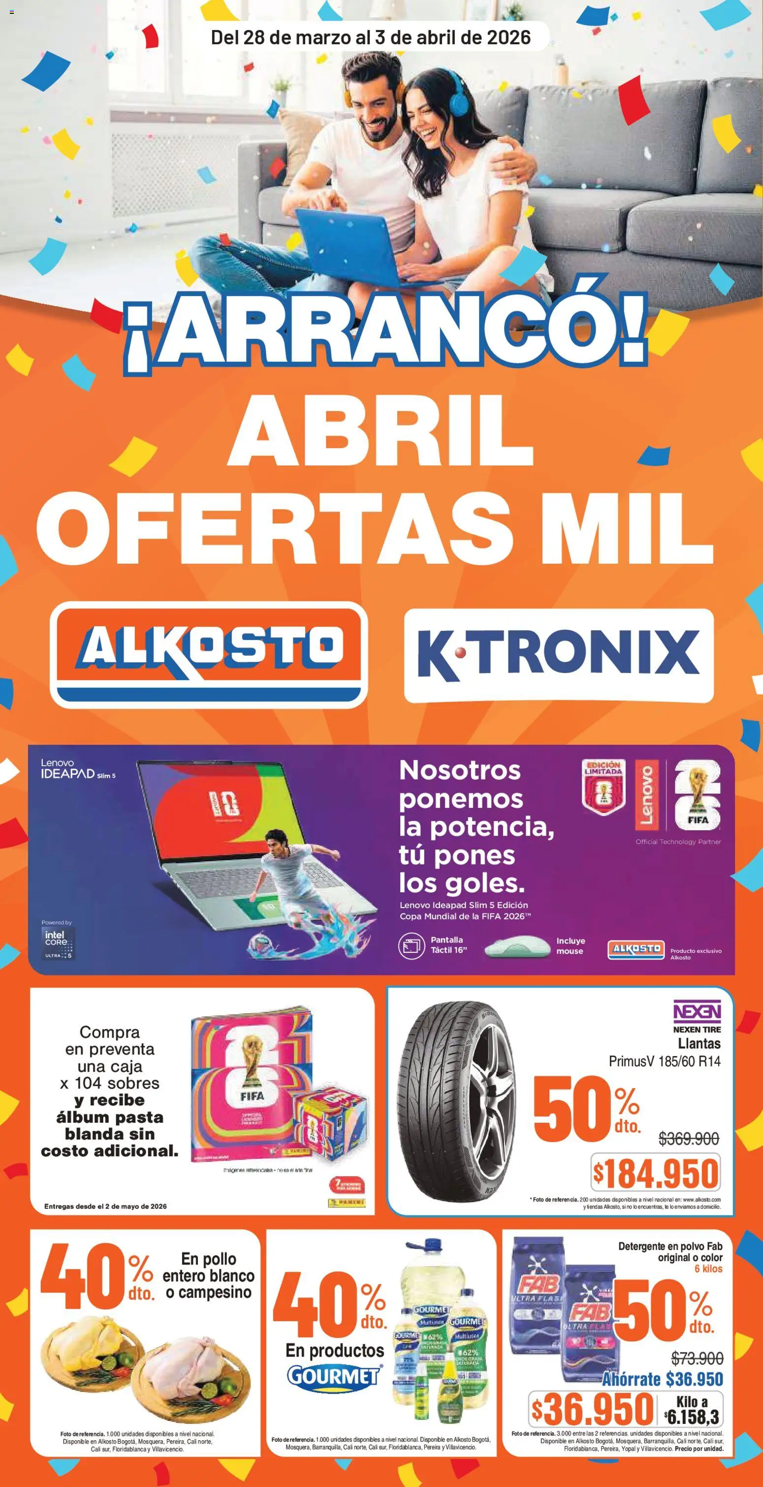  Vista previa del prospecto Alkosto catálogo del almacen Alkosto válida del 28/03/2026 al 03/04/2026 - Pollo, Té, Pasta, Mouse, Caja, Detergente, Polvo, Detergente en polvo