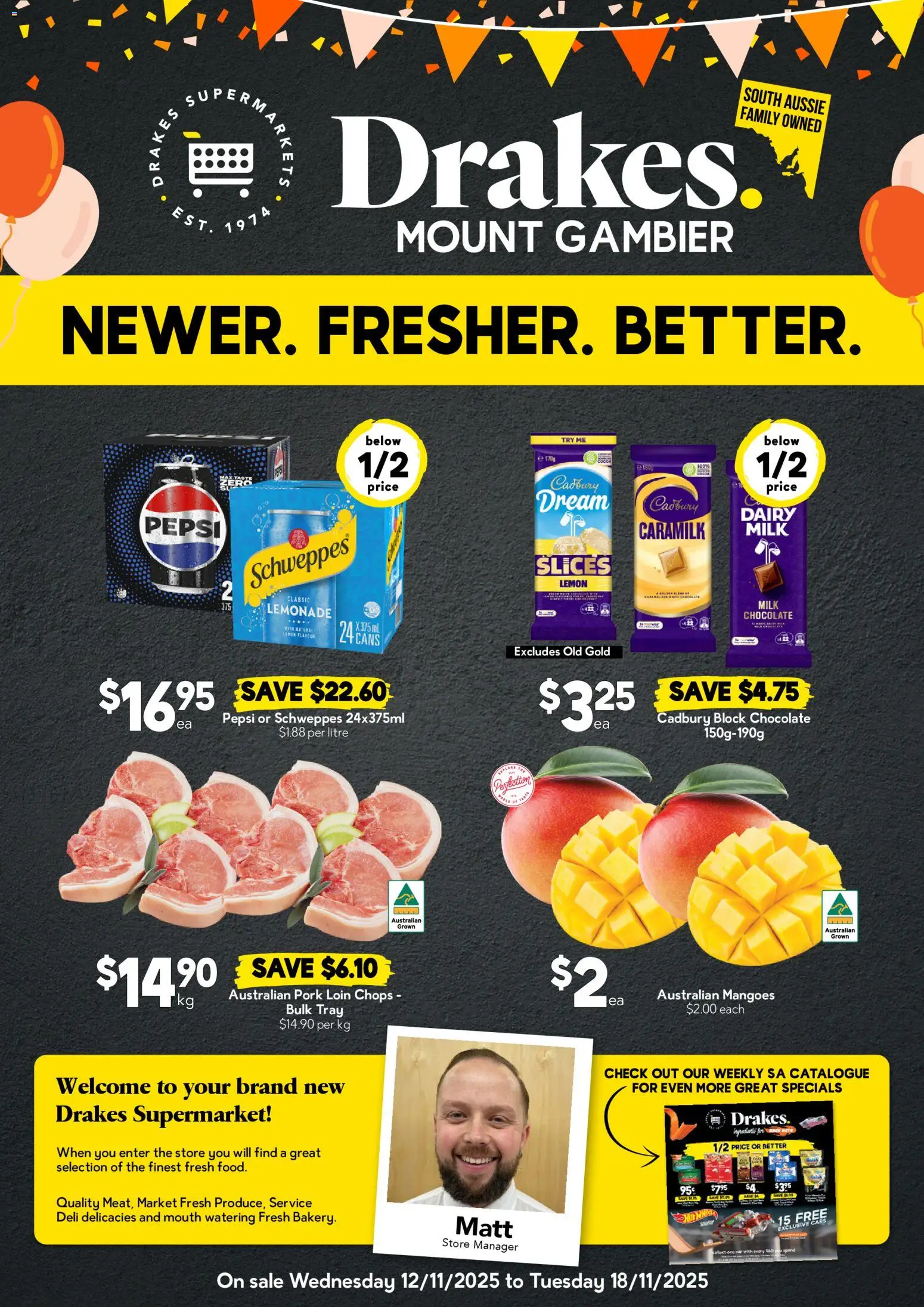 Preview of catalogue Mount Gambier from shop Drakes valid 12/11/2025 - Pork loin, Cocoa, Milk, Dairy, Chocolate, Pepsi, Lemon, Lemonade